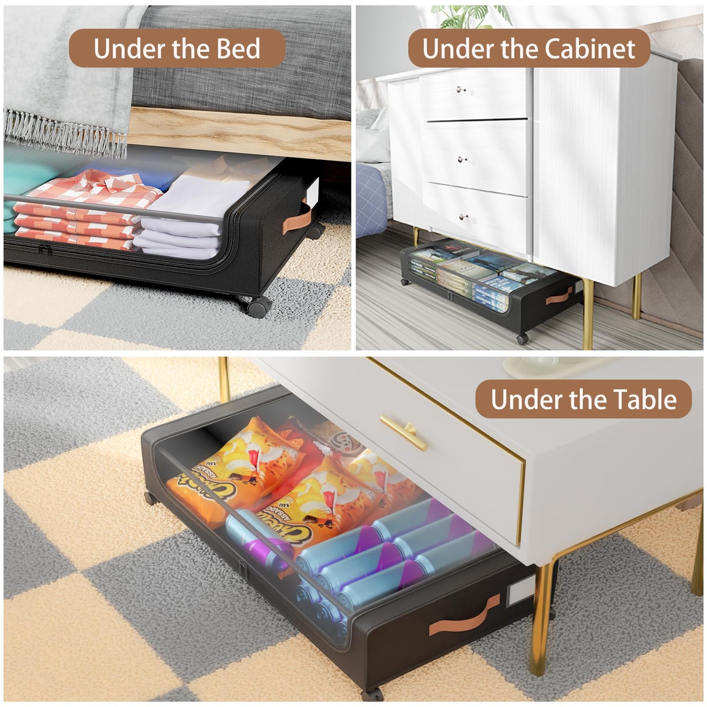 Futego Under Bed Storage with Wheels, UnderBed Storage Containers with Clear Lid and Handles, XXL 60L Under the Bed Storage Bins Drawers for Clothes,Blankets,Shoes,Books (BLACK, 2 PACK)