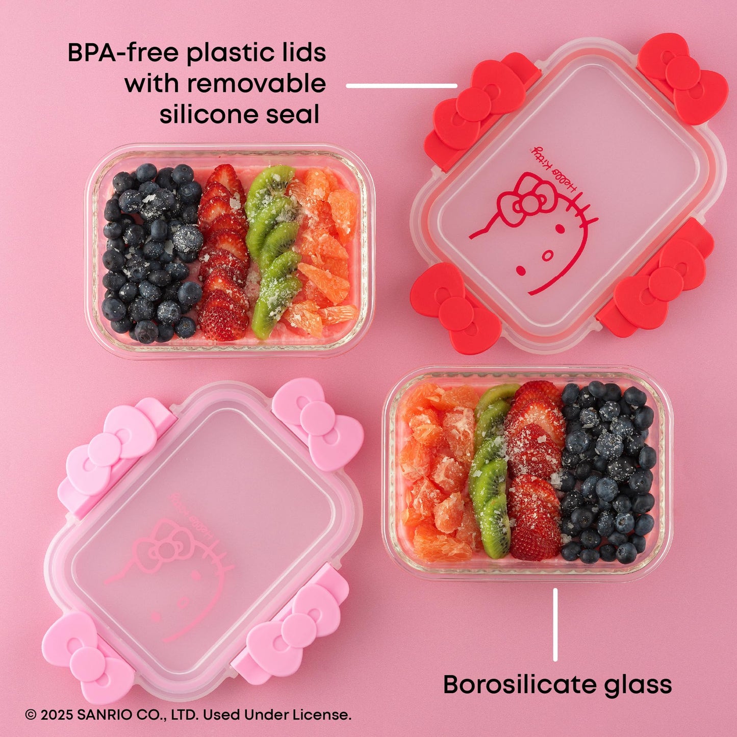 JoyJolt Sanrio Hello Kitty Fluted Glass Food Storage Containers with Lids, 2x Airtight Glass Storage Containers with Lids for Kitchen, Reusable Lunch Meal Prep Container, Cute Hello Kitty Gifts