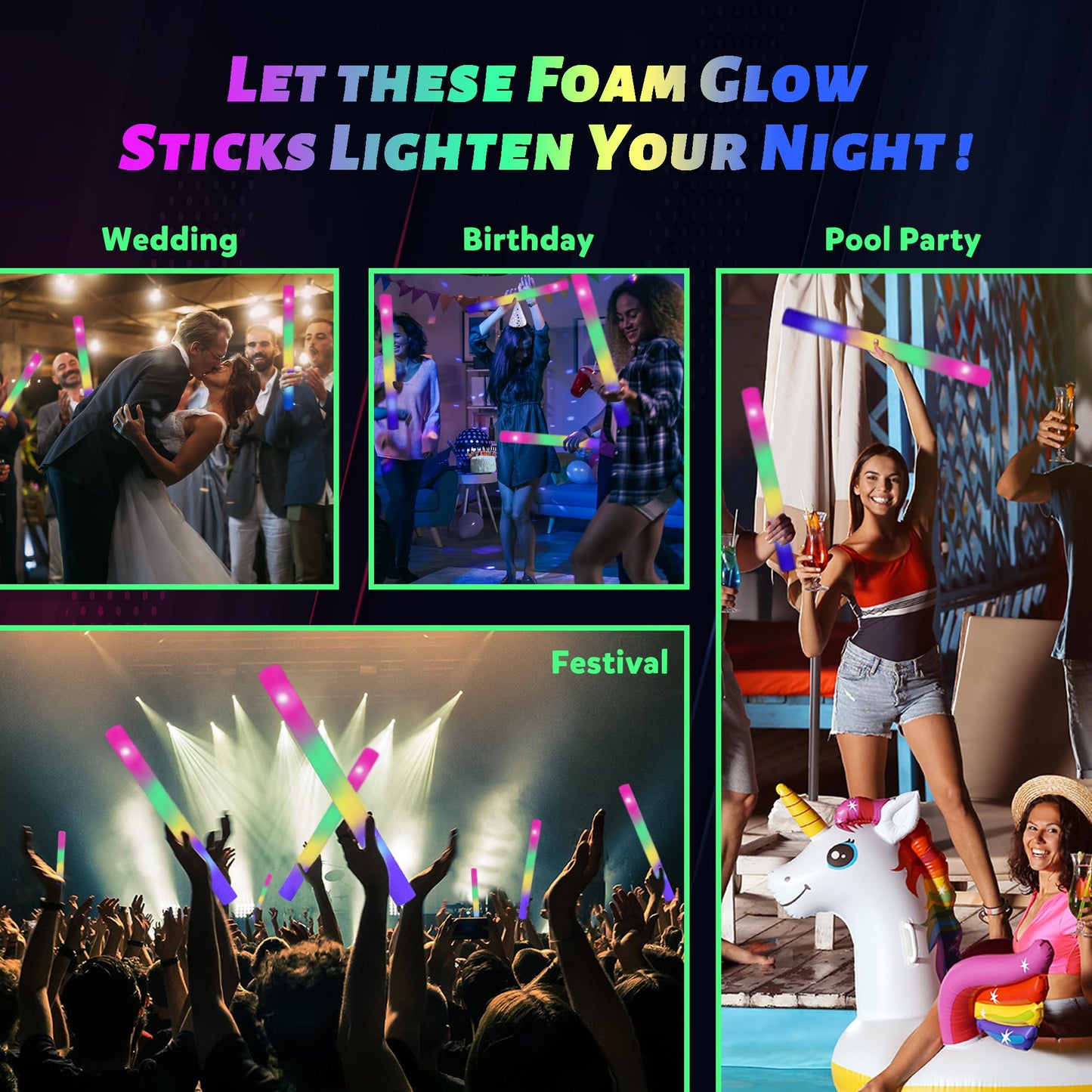 100 Pcs 18.5 inch Foam Glow Sticks Bulk, 4 Color LED Light Foam Sticks, Glow In The Dark Party Supplies, 3 Modes Colorful Flashing for Birthday Wedding Easter Halloween Christmas