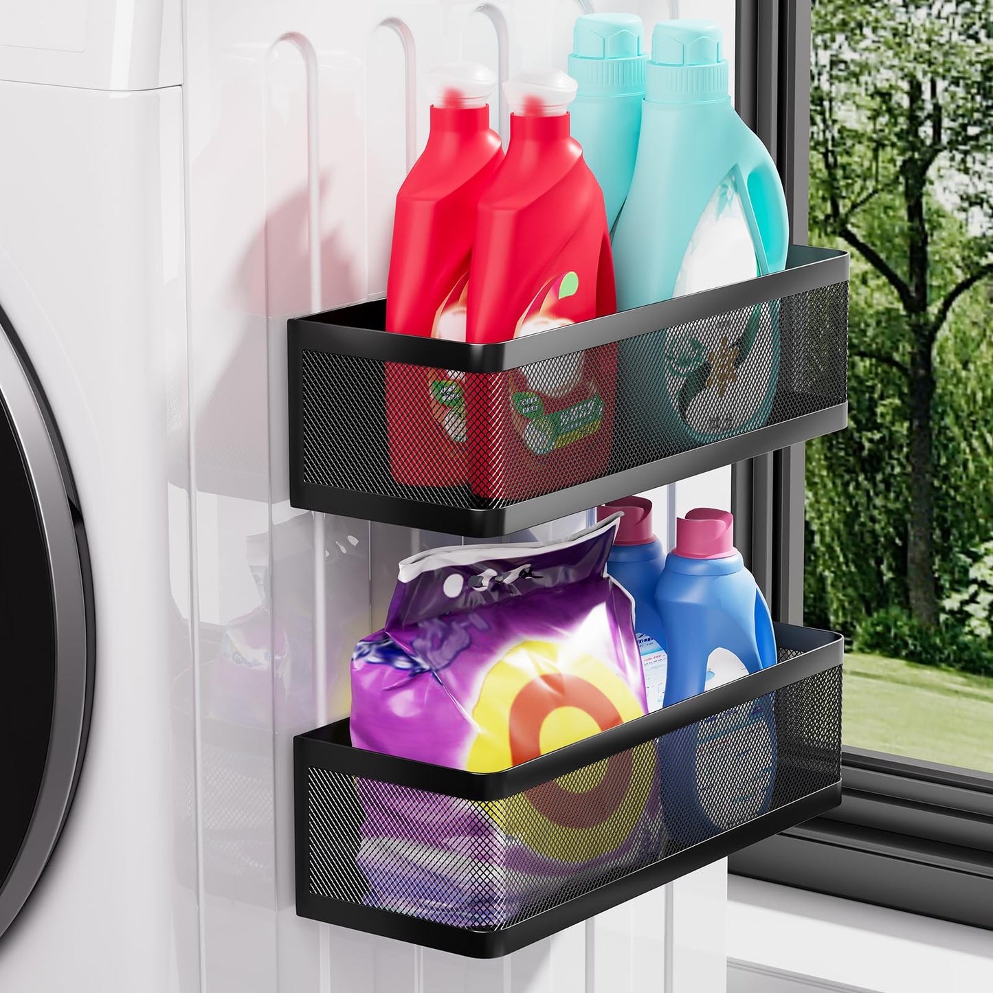 WOCUBEHOME 2-Pack Laundry Room Organization, Magnetic Shelves with Tall Guardrails to Prevent Falling - Strong Magnet Organizer for Washing Machine, Refrigerator, Kitchen & Pantry