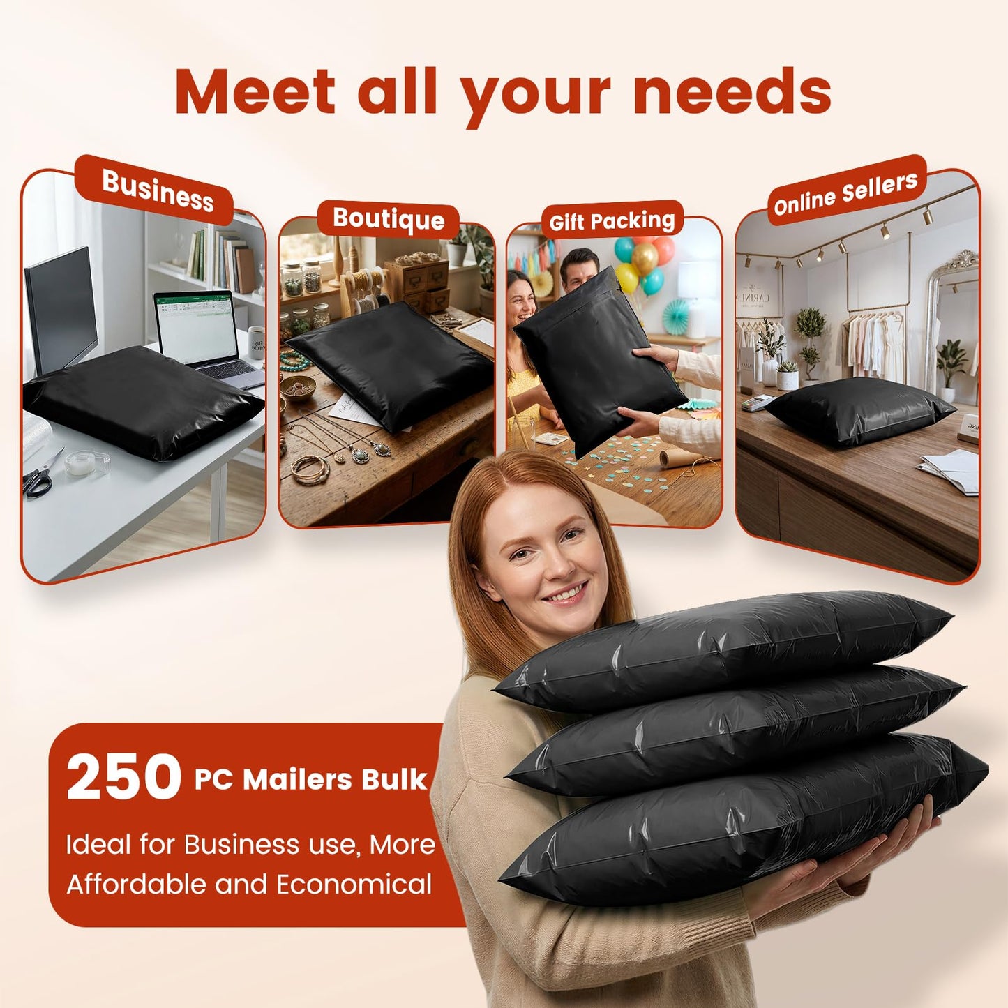 Metronic Poly Mailers 19x24 250Pcs Large Shipping Bags for Clothes,Heavy Duty Shipping Envelopes Bulk for Small Business,Strong Adhesive Self-Seal Plastic Mailing Bags for E-Commerce Packaging, Black