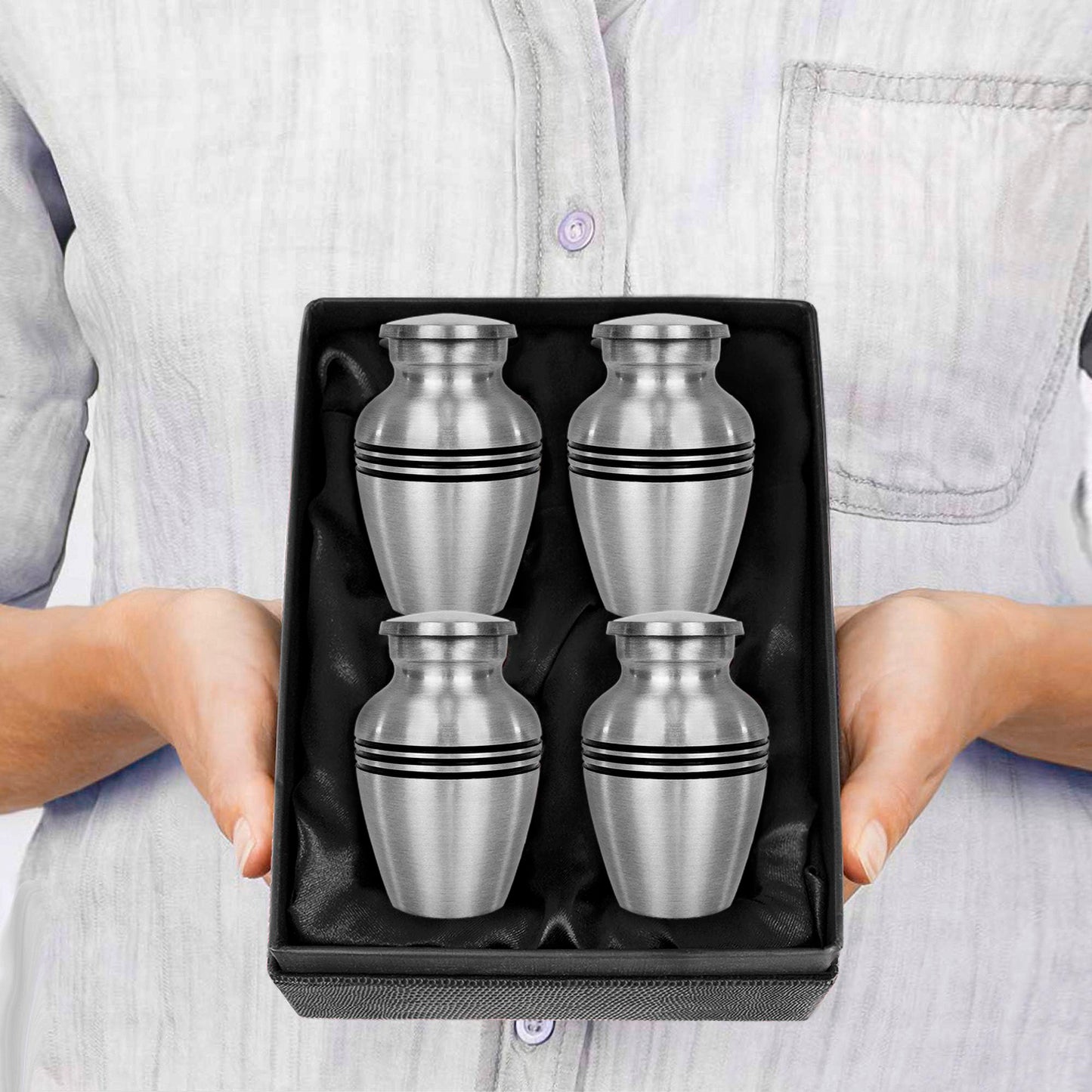 Trupoint Memorials Small Urns for Human Ashes Keepsake, Pewter Decorative Mini Cremation Urn for Adult Men & Women, Set of 4, Silver Lining