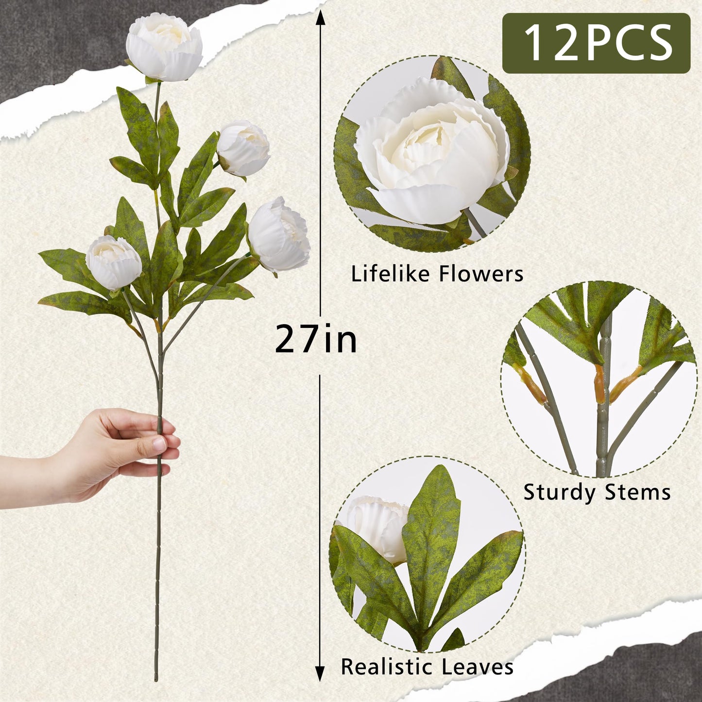 Waipfaru 12 Pcs Faux Peonies Artificial Flowers for Vase, 27" Fake Silk Peonies Flowers for Wedding, Vase Filler White Flowers for DIY Bouquets Centerpieces Bridal Shower Office Decor