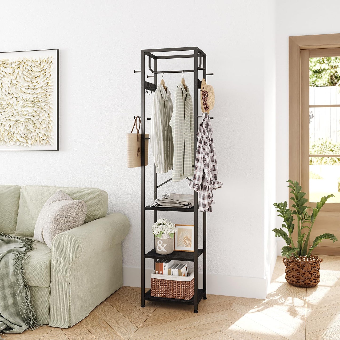 ELYKEN Coat Rack Freestanding, Hall Tree with 3 Storage Shelves and 12 Hooks, Metal Clothes Rack Stand Organizer for Bedroom, Hallway, Entryway, Office, Living Room, Black