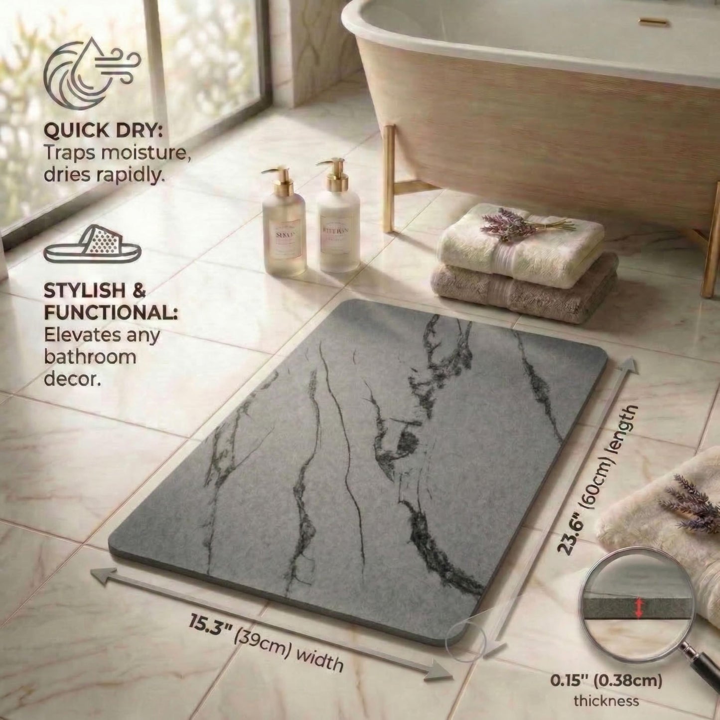 Pebble Nest Stone Bath Mat – Diatomaceous Earth Quick Drying Non-Slip Bathroom Mat – Absorbent Diatomite Shower Mat, Durable & Easy to Clean, Modern, 23.6" x 15.3" (2 Pack Charcoal Black - Marble)