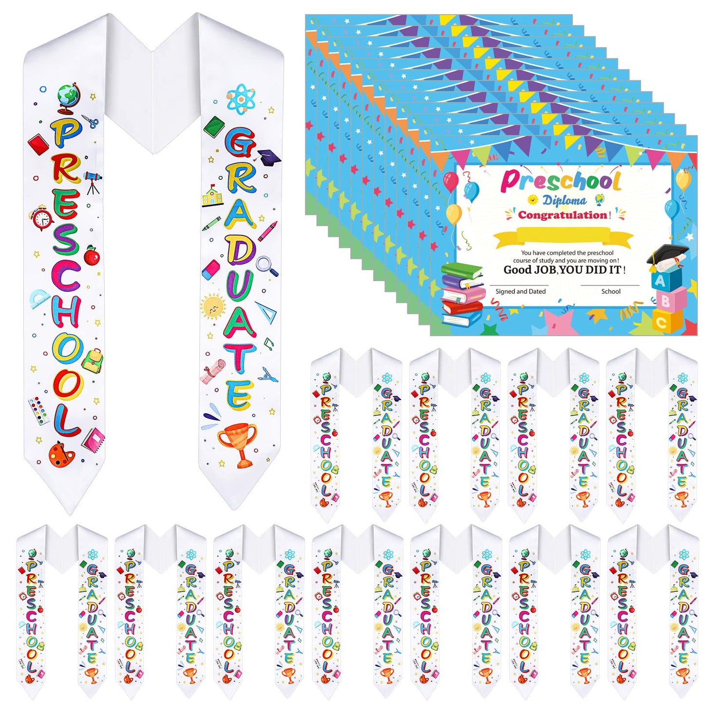Sureio 24 Pieces Preschool Graduation Gifts Kids Graduation Stole with Preschool Diploma 12 Pcs Preschool Printed Graduation Sash and 12 Pcs Preschool Diploma Unisex Graduation Stole (Preschool)