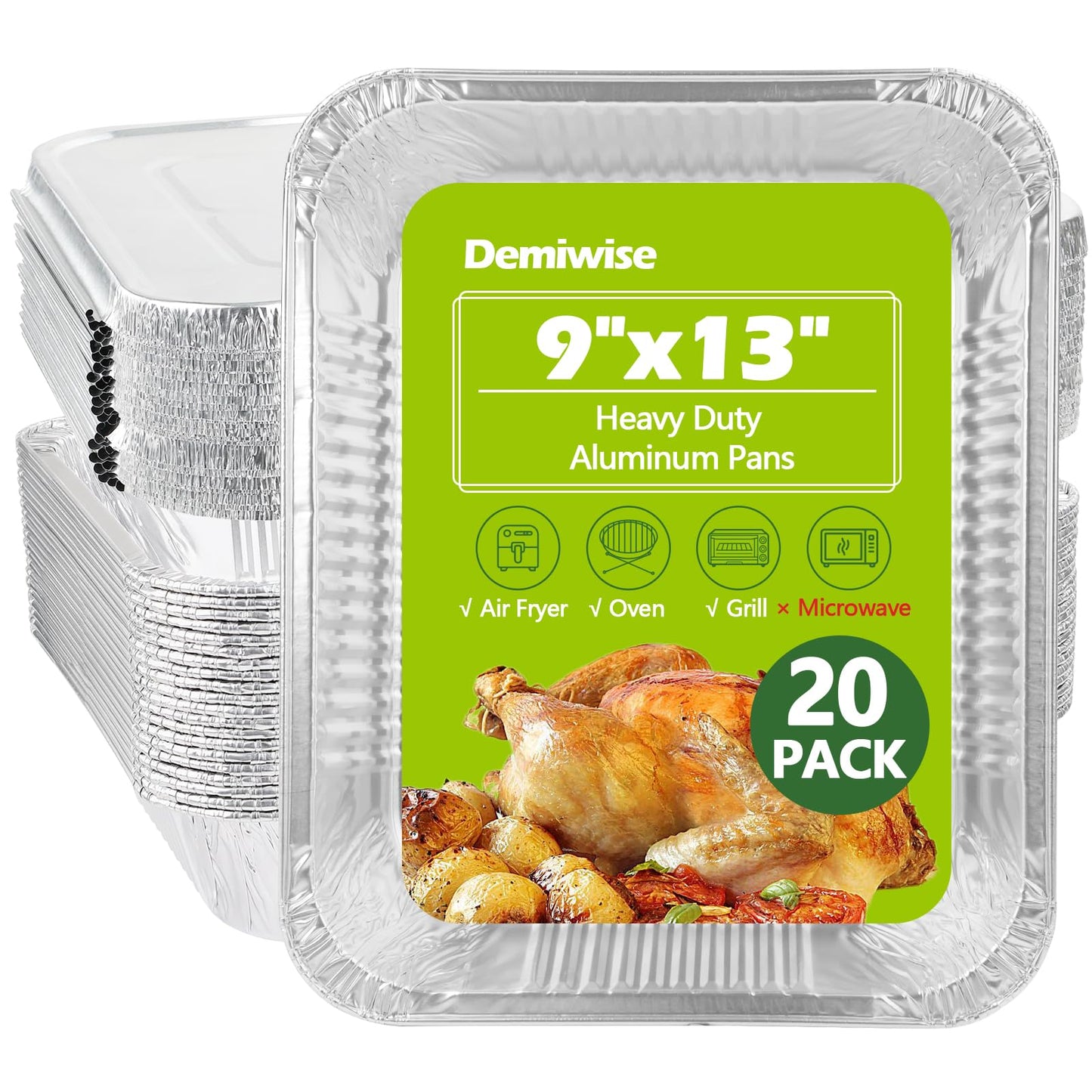 Demiwise Thickened 20 Pack Heavy Duty Aluminum Pans with Lids, 9x13 Aluminum Foil Pans Disposable, Half Size Steam Table Foil Baking Tray for Cooking, Baking, Roasting & Chafing, Carton Packaging