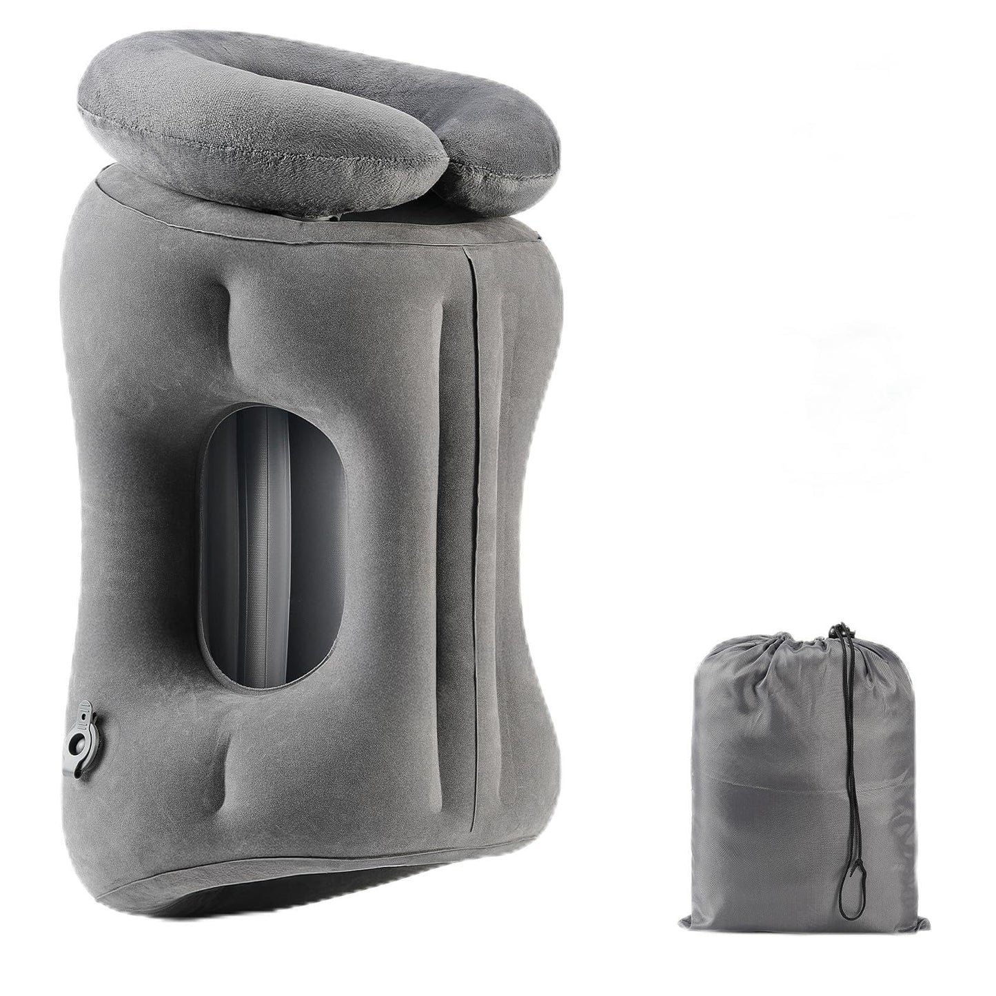 Werfeito 2-in-1 Magnetic Design Inflatable Travel Pillow, Ergonomic Neck Support Airplane Pillow for Flying, Compact Camping Pillow with Storage Bag for Home Nap & Car Travel (Grey)