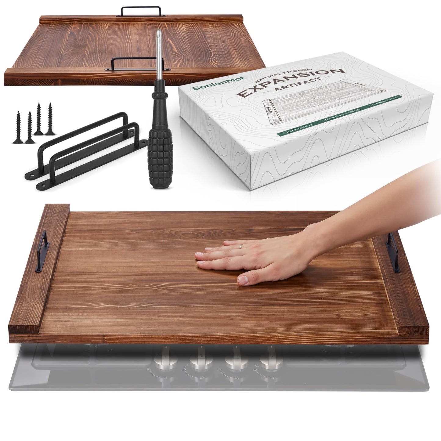 SenlanMot Electric & Gas Stove Top Cover Noodle Board – Large Pine Stovetop Cover & Decorative Tray with Handles – Multi-Functional Kitchen Cutting Board & Modern Home Accessories 30.3"x21.7" (1 Pc)