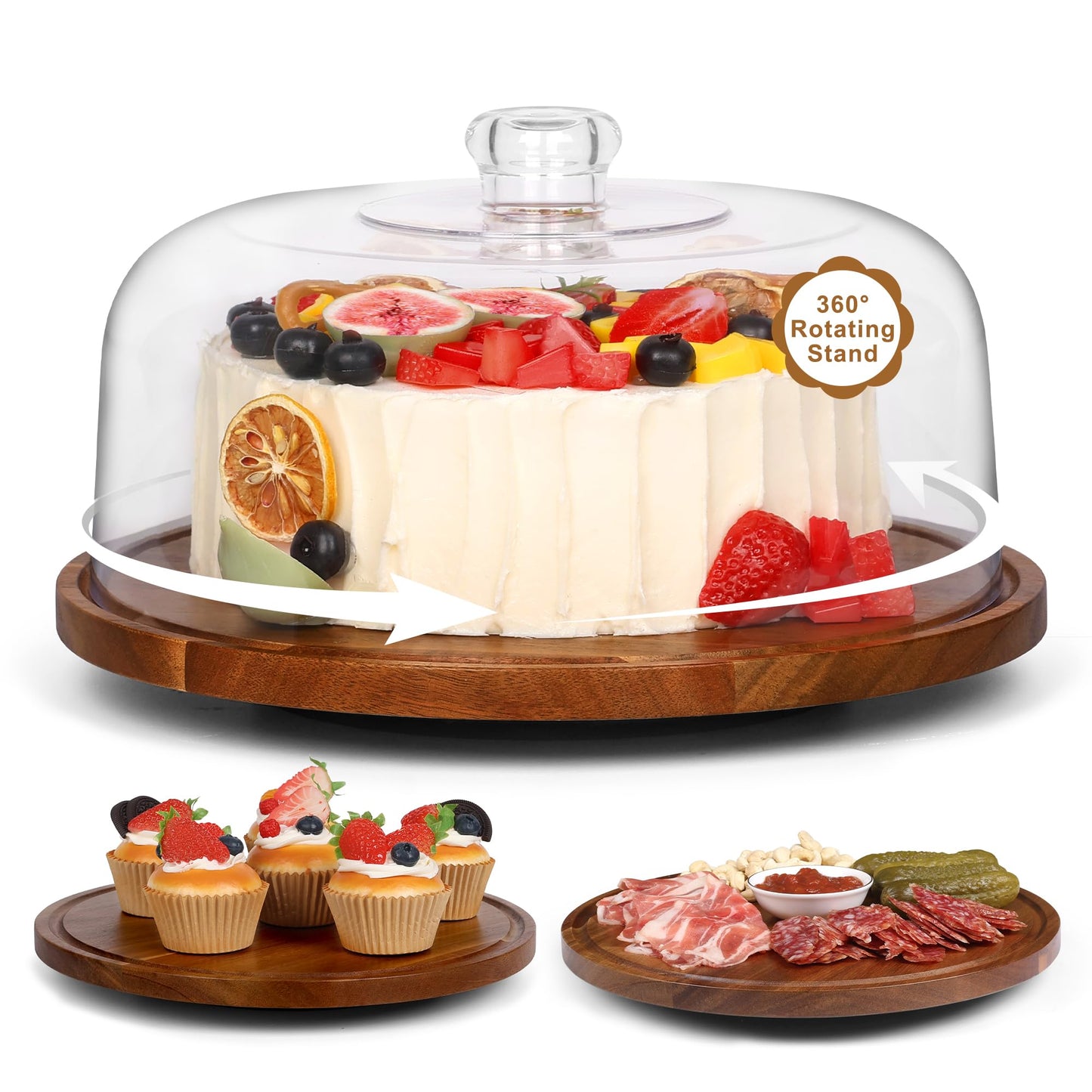 Bellsal Cake Stand with Dome Lid, 12in Acacia Wood Cake Plate with Cover, Wooden Cake Display Stand with Acrylic Dome, Cake Decorating for Baking Gift