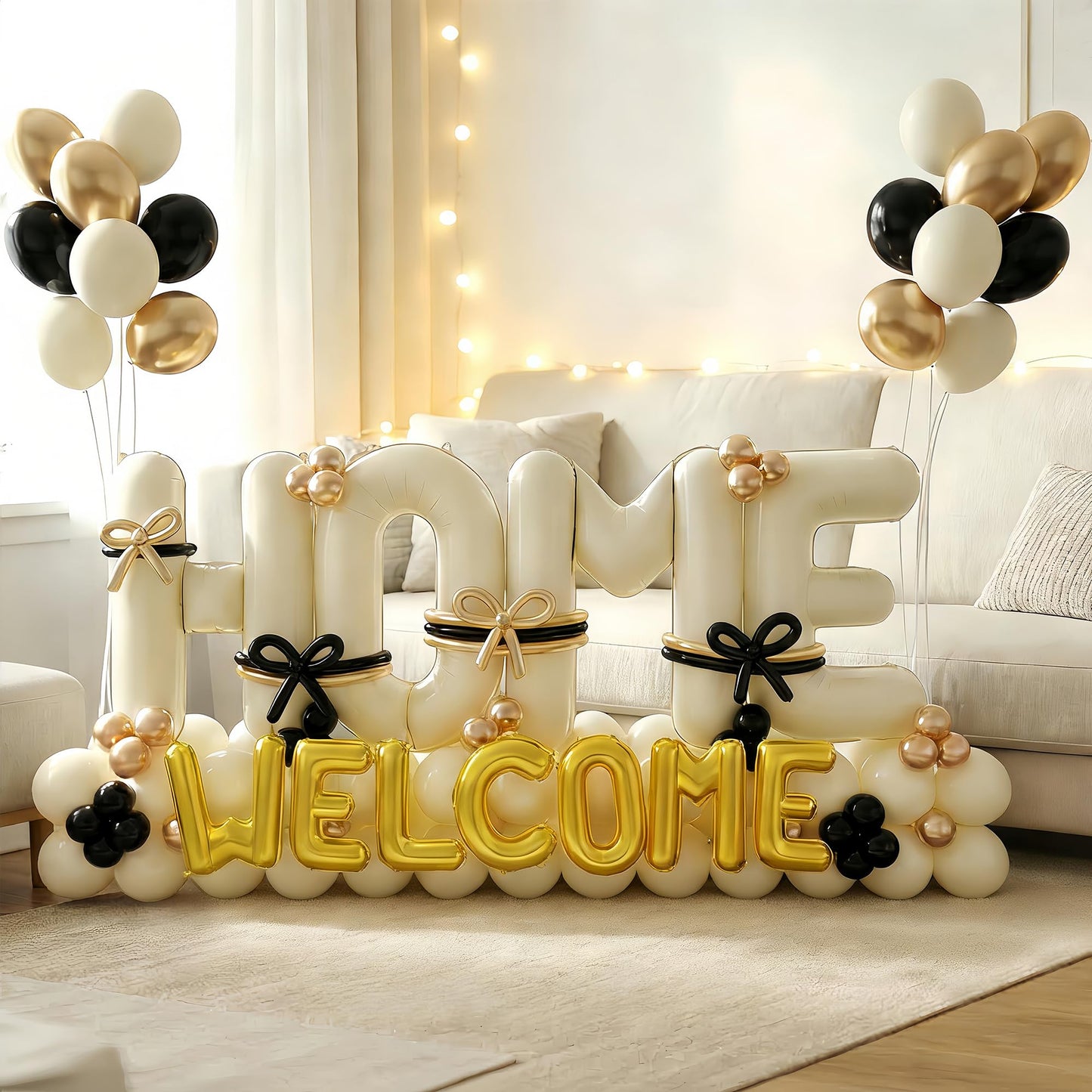 145Pcs Housewarming Party Decorations, 40Inch Beige Welcome Home Balloon Banner, Cream Ivory Black Gold Balloons for New Home Closing Sweet House Warming Homecoming Party Real Estate