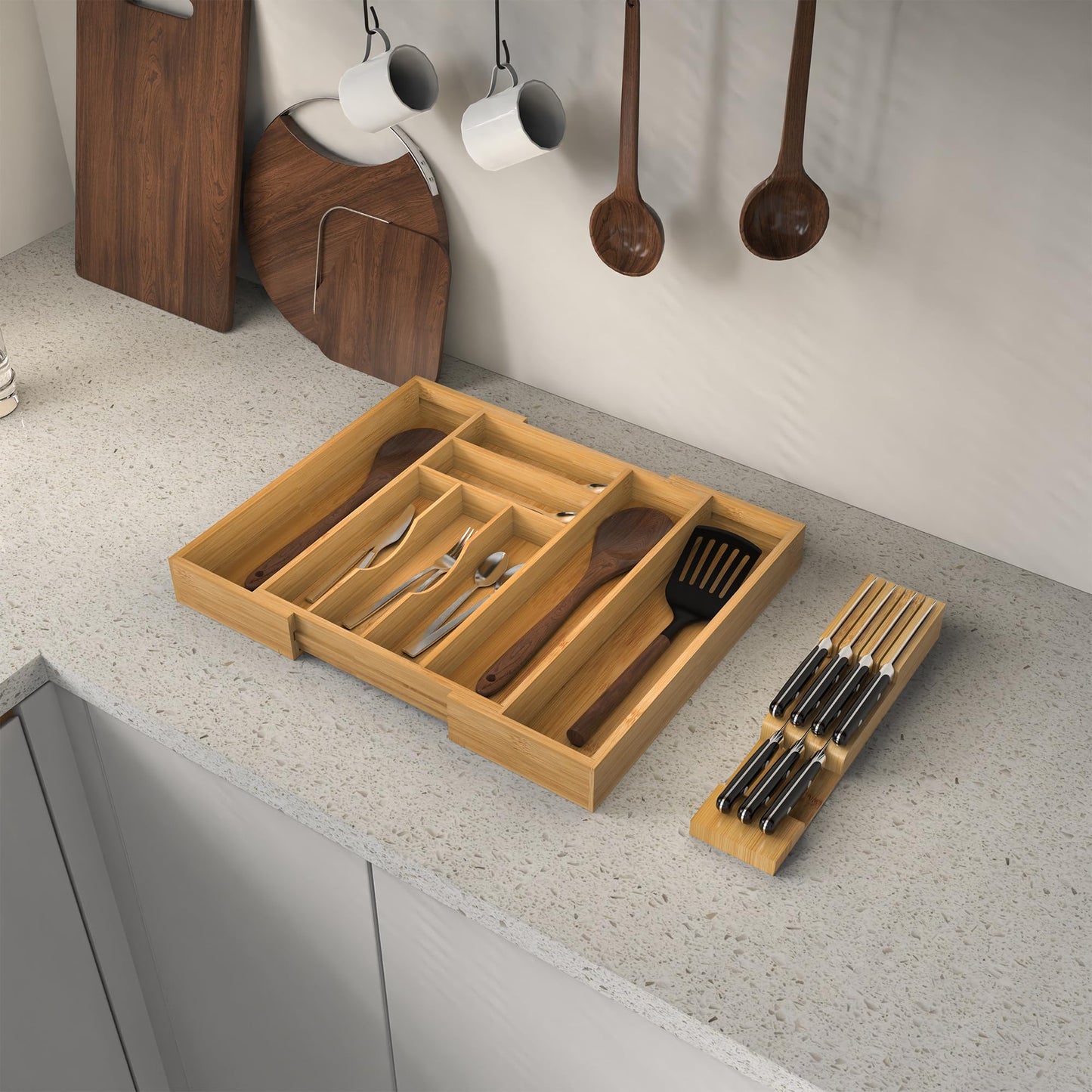 Thalomely Bamboo Kitchen Drawer Organizer, Expandable Silverware Organizer with Removable Knife Block, 6-8 Slots- Utensil Holder & Cutlery Tray Drawer Dividers, 2.36" Deep for Extra Capacity, Natural