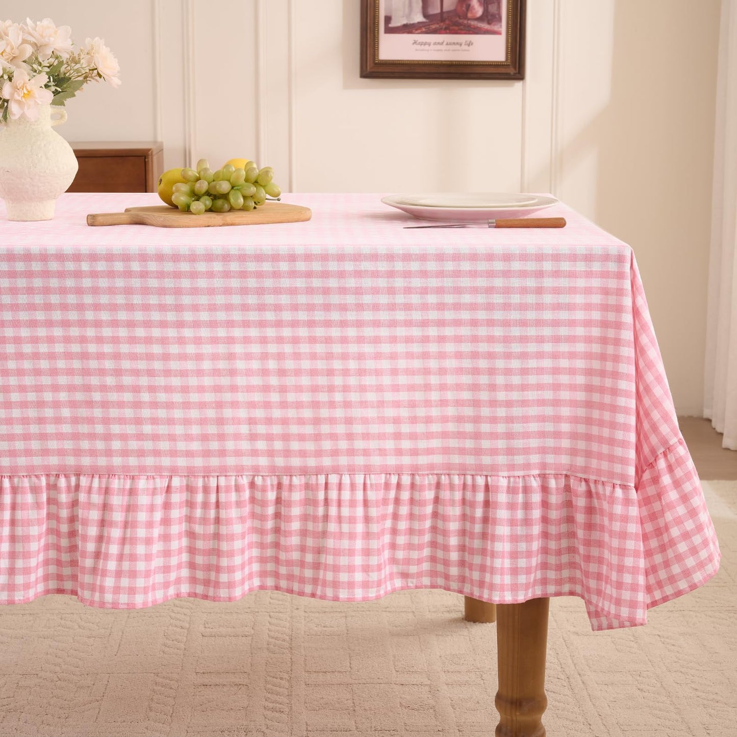 Romanstile Gingham Ruffled Tablecloth Rectangle - Waterproof Linen Cotton Checkered Table Cloth, Outdoor Plaid Table Cover for Picnic, Camping, Party - 60 x 84 Inch, Pink