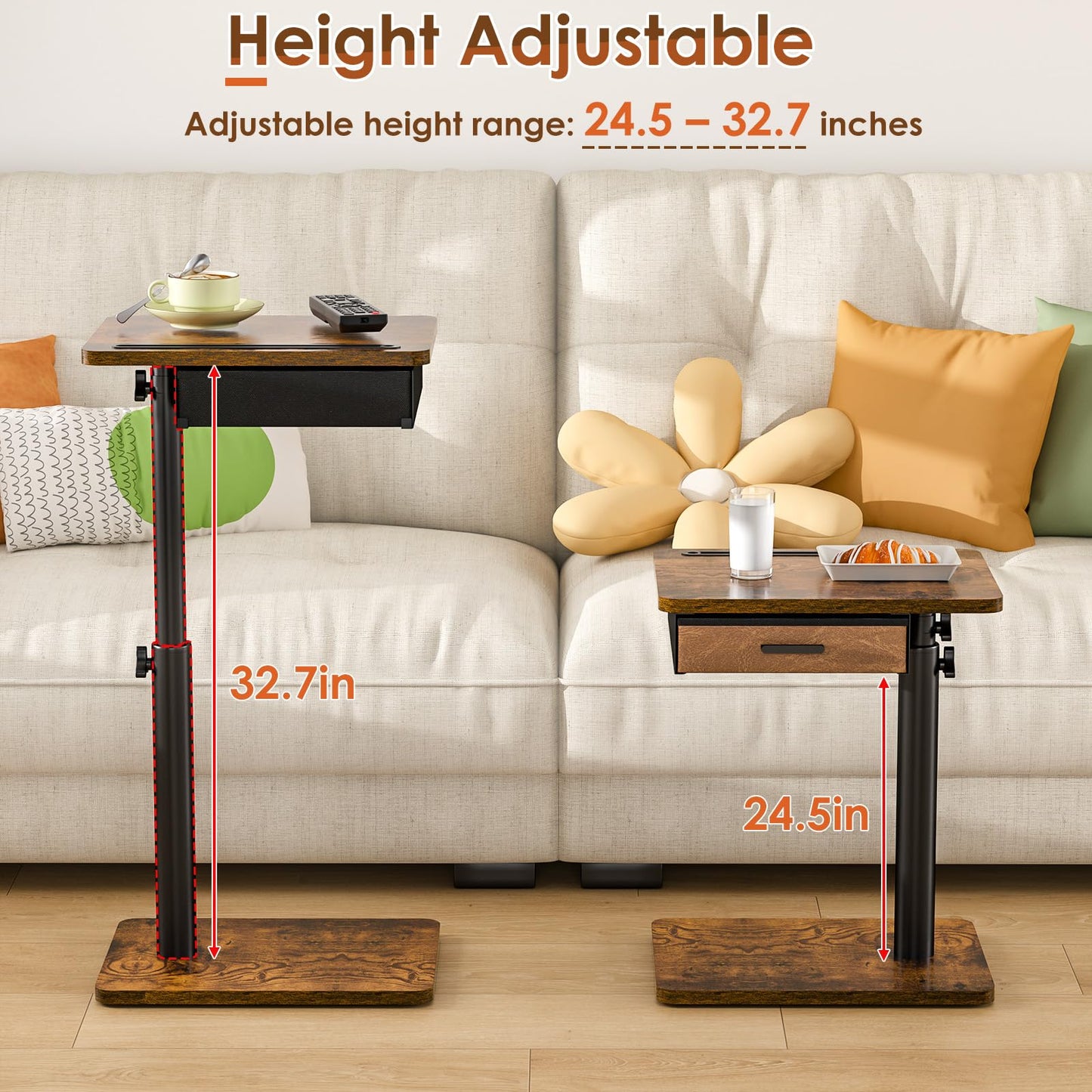 Simple Serenity TV Tray Table with Drawer & Swivel Top, Height Adjustable TV Tray for Eating on Couch, C Shaped End Table for Couch, Sofa Desk Couch Table for Bedroom & Living Room, Patent Pending