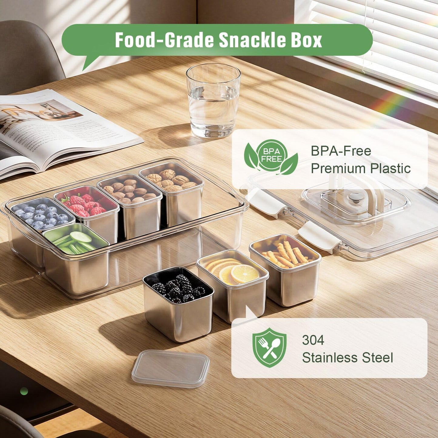 Snackle Box Container, 304 Stainless Steel Divided Serving Tray with Lid and Handle, Portable 8 Compartments Veggie Tray for Fruits,Veggies,Nuts &Candy, Dishwasher Safe for Travel,Picnic,Beach&Parties