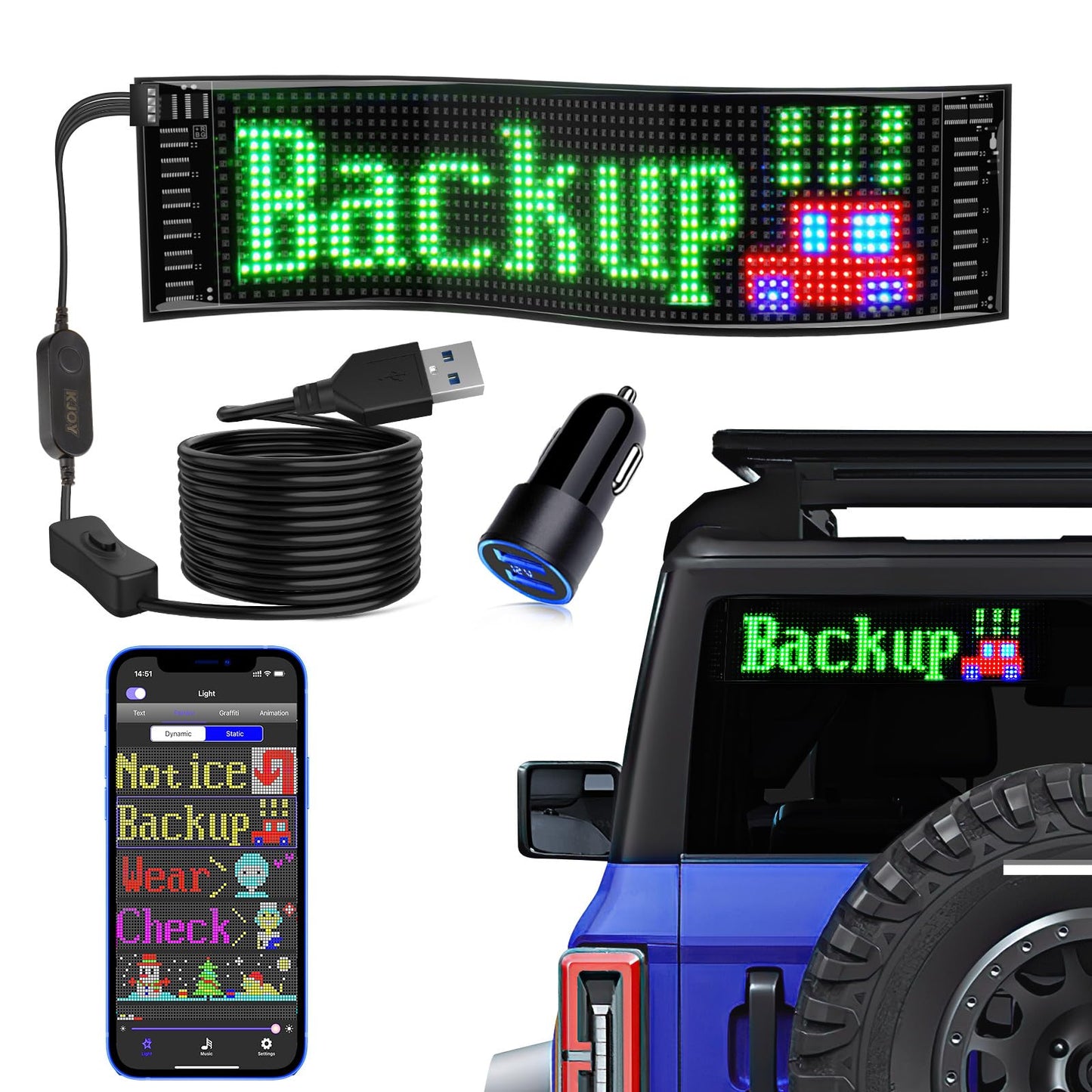 KJOY USB 5V LED Sign, Bluetooth, App Control, Flexible, Programmable Custom Text Pattern Animation Scrolling Display for Car, Store, Party, Bar, Hotel, Concert, 14.6''x3.6''
