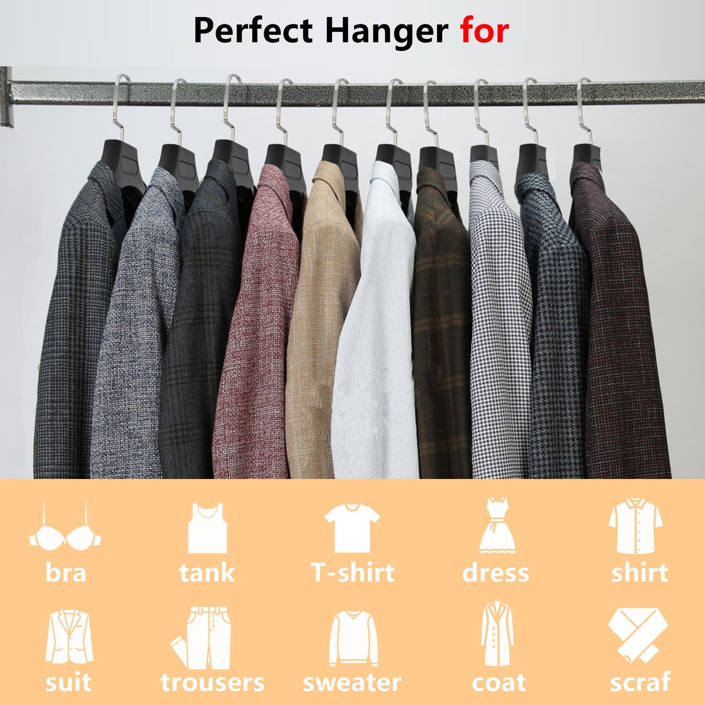 Plastic Extra Wide Suit Hangers, Pack of 15, Width: 17.7",Notched Shoulders & Metal Hooks, Black