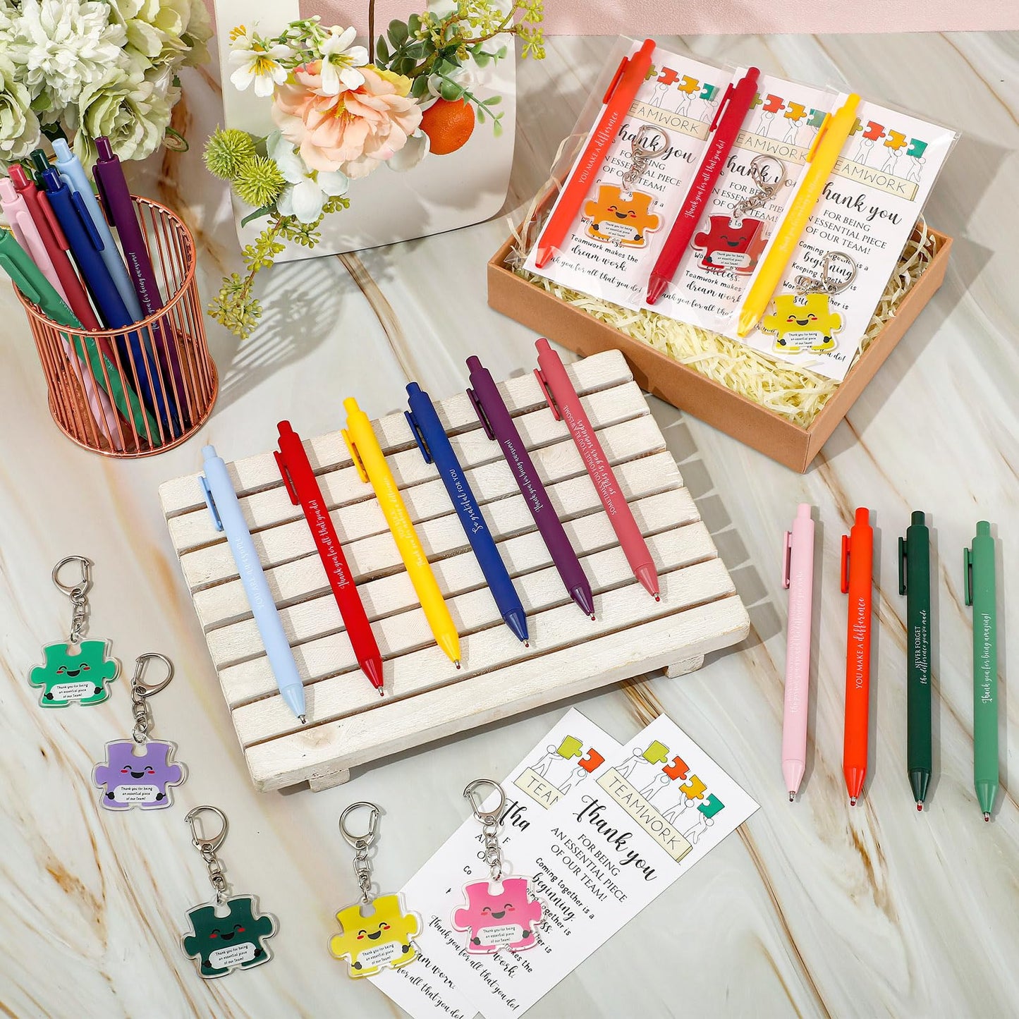 Dunzoom 60 Set CNA Week Gifts Bulk 2026 End of Year Graduation Gifts for Nursing Assistant Teacher Office Staff Employee Appreciation Team Puzzle Keychains & Thank You Pens (Thank You)
