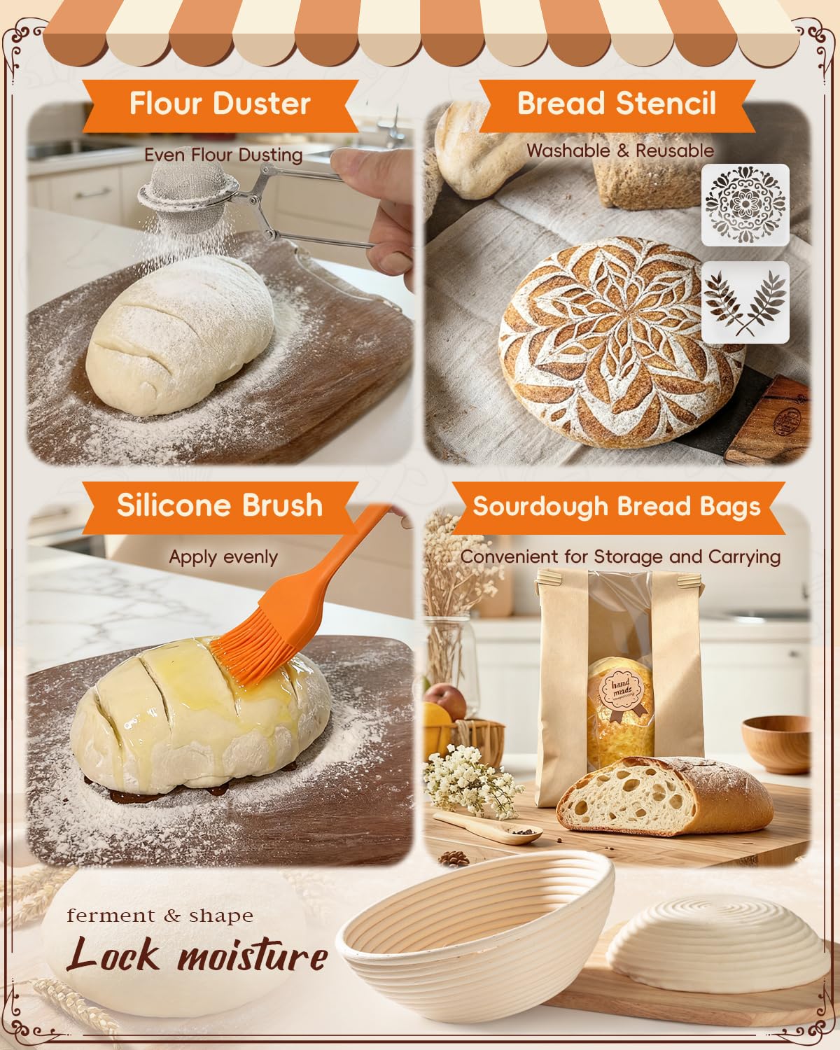RYMTOX Complete Sourdough Starter Kit with Manual | Easy to Clean for Beginners | Sourdough Bread Baking Supplies with Round Bread Proofing Basket, Bread Sling, Starter Jar, Dough Whisk, Scrapers, Bag