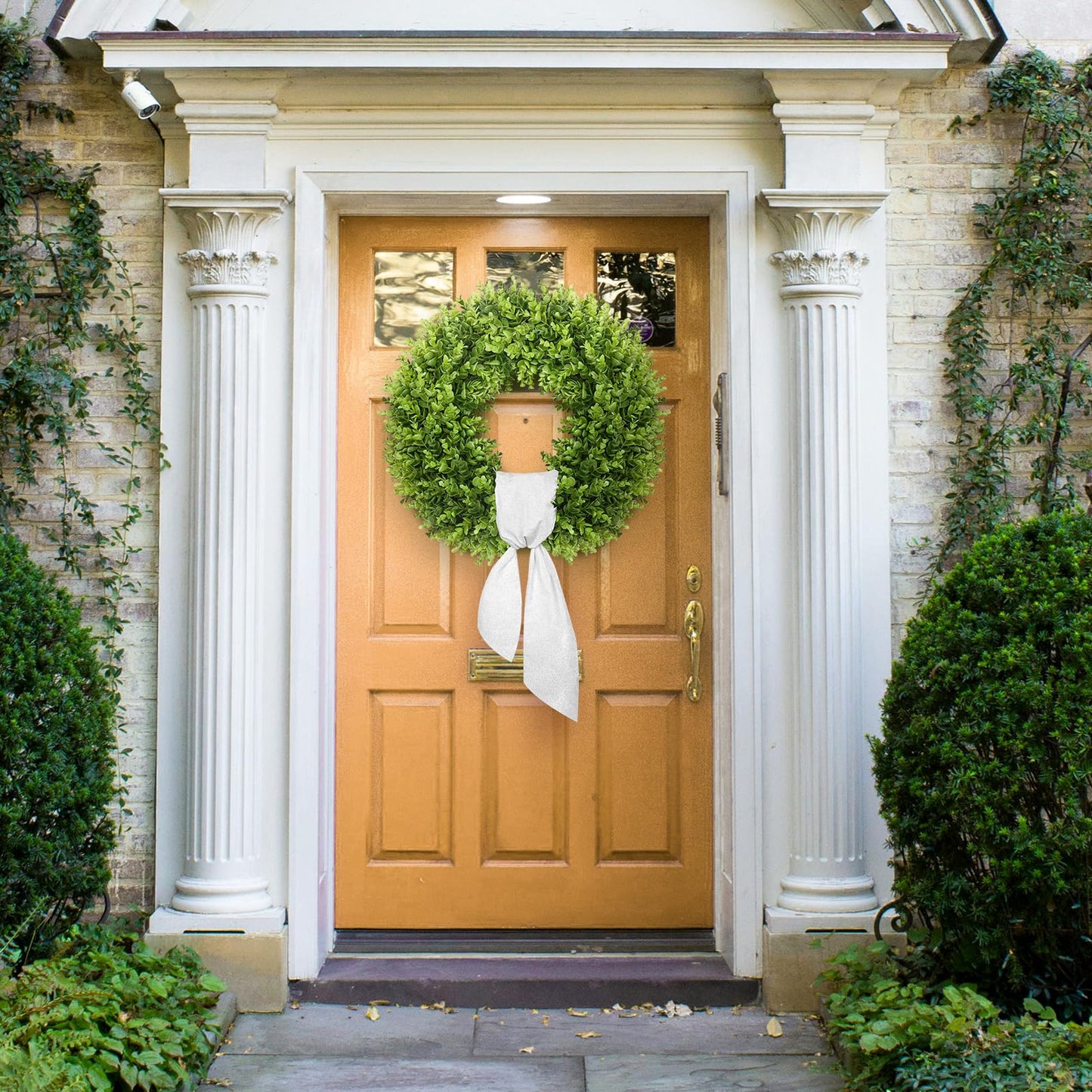 Vlorart 20" Boxwood Wreath for Front Door with Sash & Plaid Bow, Full Lush Artificial Greenery Wreath for Spring Summer Farmhouse Wall, Window & Wedding Decor