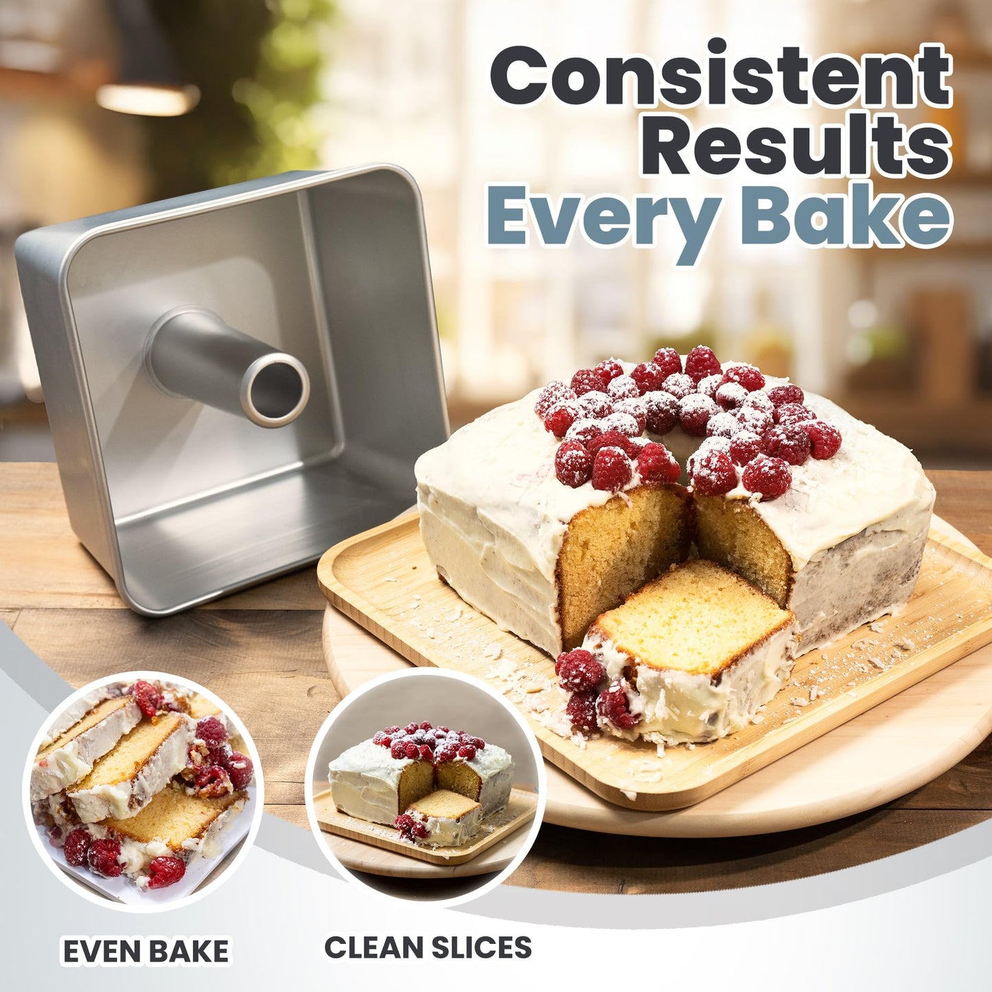 TiParthenos One-Piece Square Tube Cake Pan, 18 Cup, Anodized Aluminum, 9 x 9 x 4.5 in, Seamless Design, Easy Release, Even Heat, for Angel Food, Chiffon, Sponge, Mile High & Pound Cakes