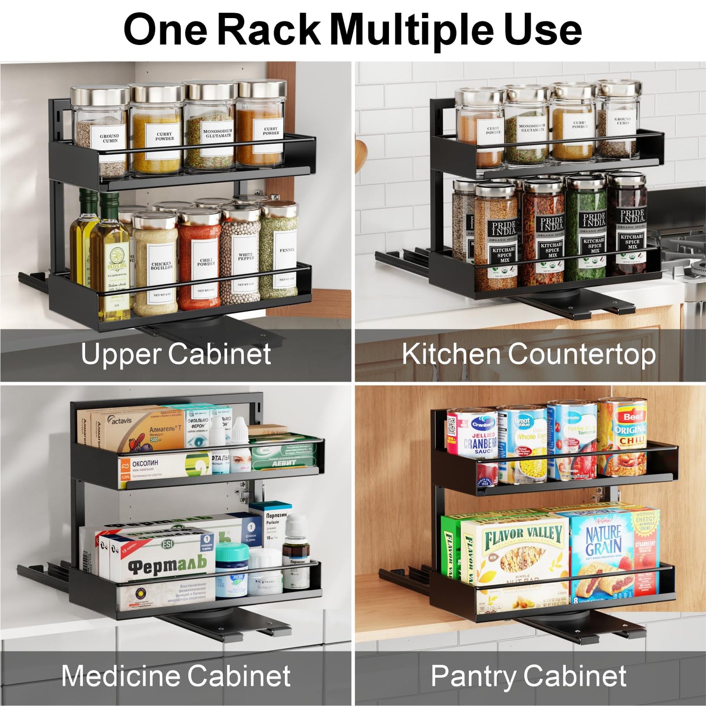 iSPECLE Pull Out Spice Rack - 2 Pack Rotate Peel and Stick No-Drill Vertical Spice Rack Organizer for Cabinet Easy Access Spices, Adjust Height for 4oz to 8oz Spice Jars Inside Kitchen Pantry Cabinet