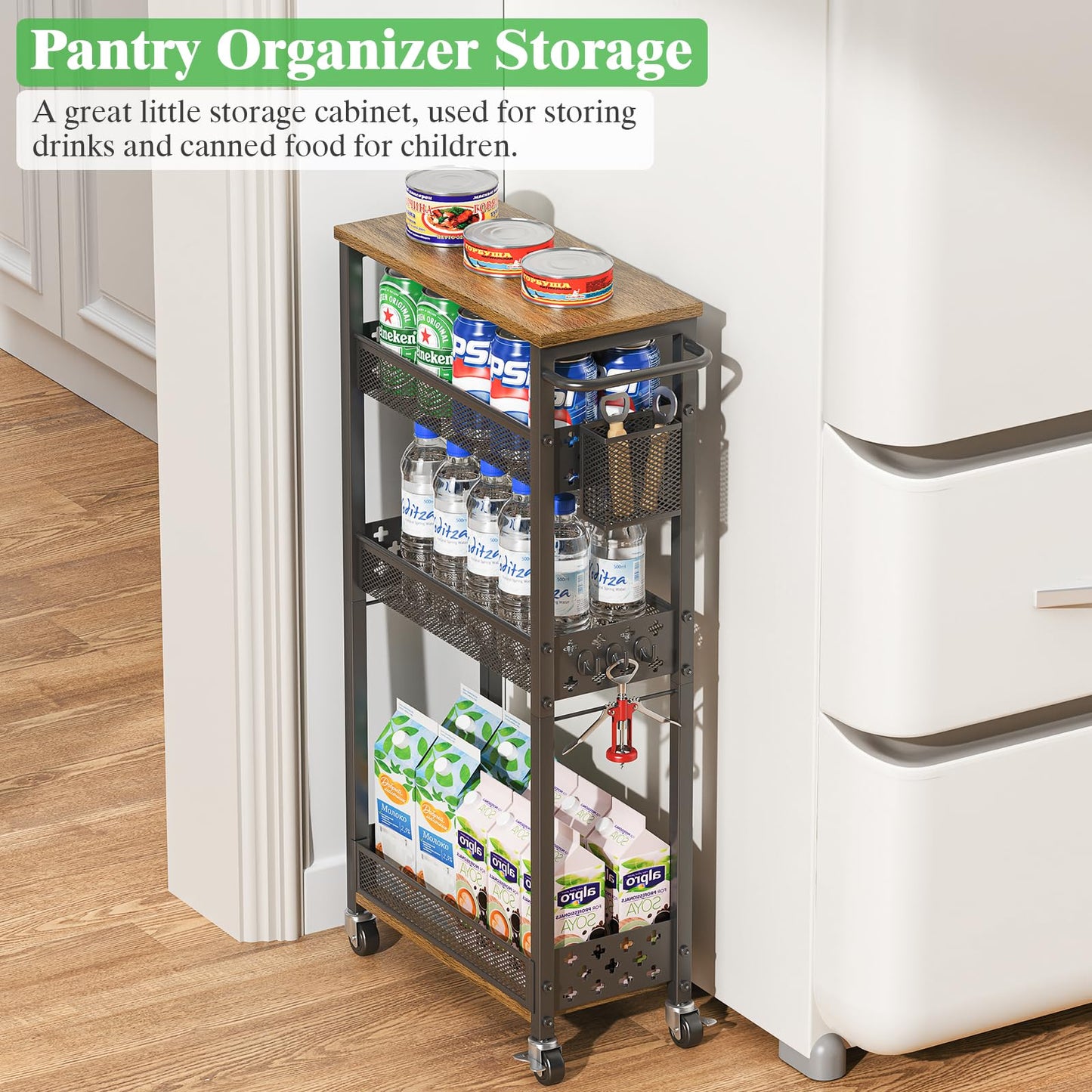MJIMKE 4 Tier Slim Rolling Storage Cart, Laundry Room Cart on Wheels, Small Metal Bathroom Cart Kitchen Organizer Trolley with Handle and Mesh Basket, 7.1 inch Width for Narrow Space, Black