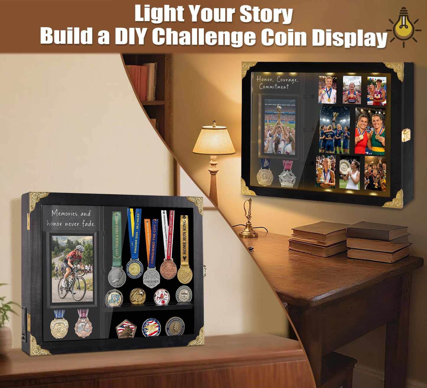 KWYADLUO Challenge Coin Display Case for Gift, Lighted Coin Medal Holder with Photo Frame & Chalkboard, Wall Mount Shadow Box with Removable Shelves, Memorial Gift for Men, Veterans, Collectors, Black