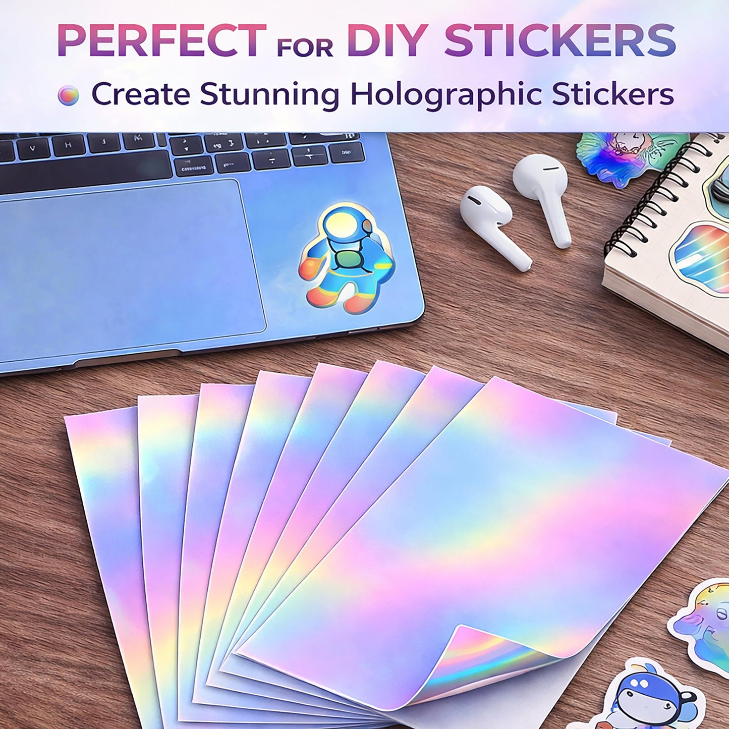 100 Sheets Holographic Sticker Paper 8.5x11 Inch Printable Waterproof Sticker Labels Rainbow Vinyl Sticker Paper for Inkjet or Laser Printer