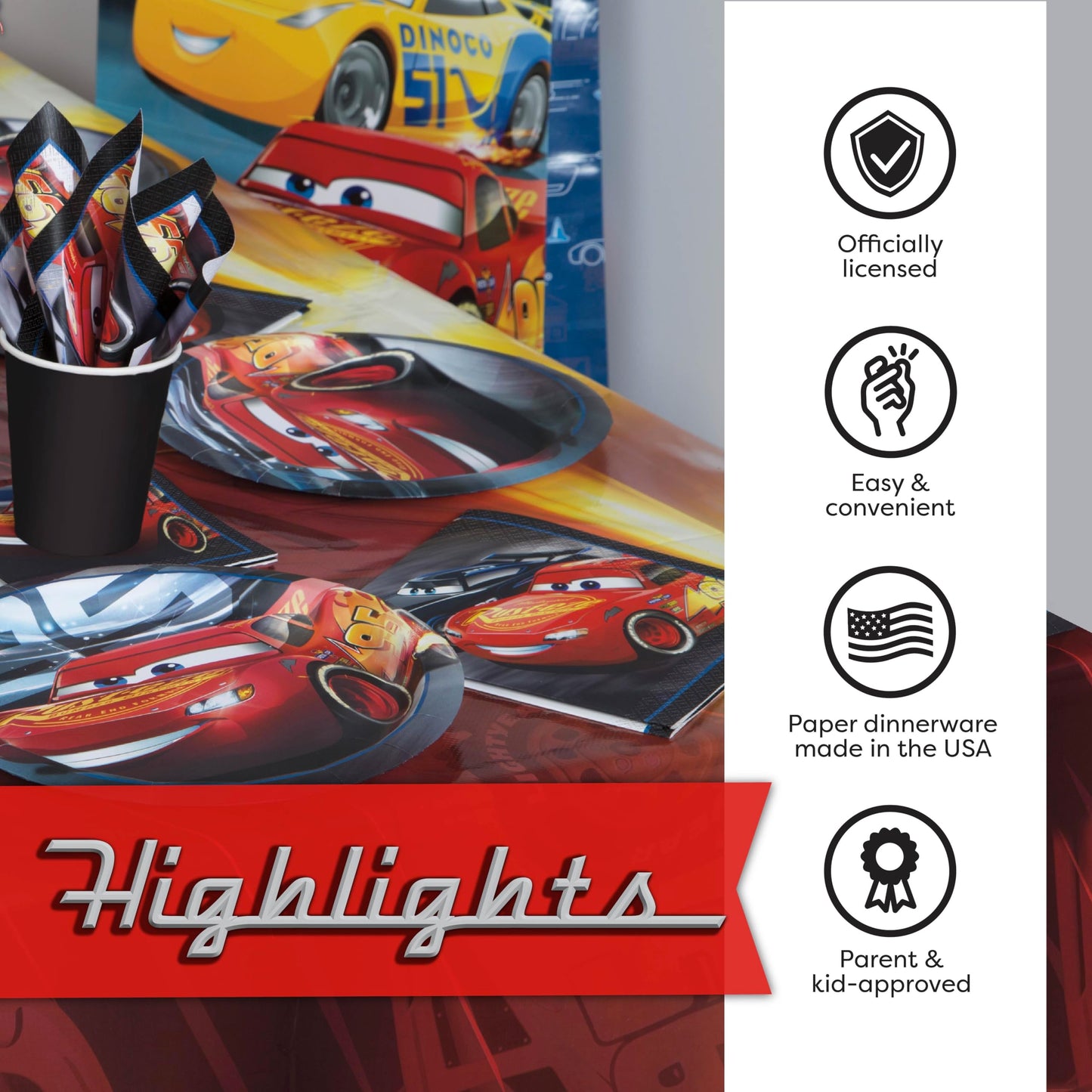 Disney Cars Birthday Decorations | Lightning McQueen Birthday Decorations | Serves 16 | Banner, Tablecloth, Plates, Napkins, Sticker | Officially Licensed