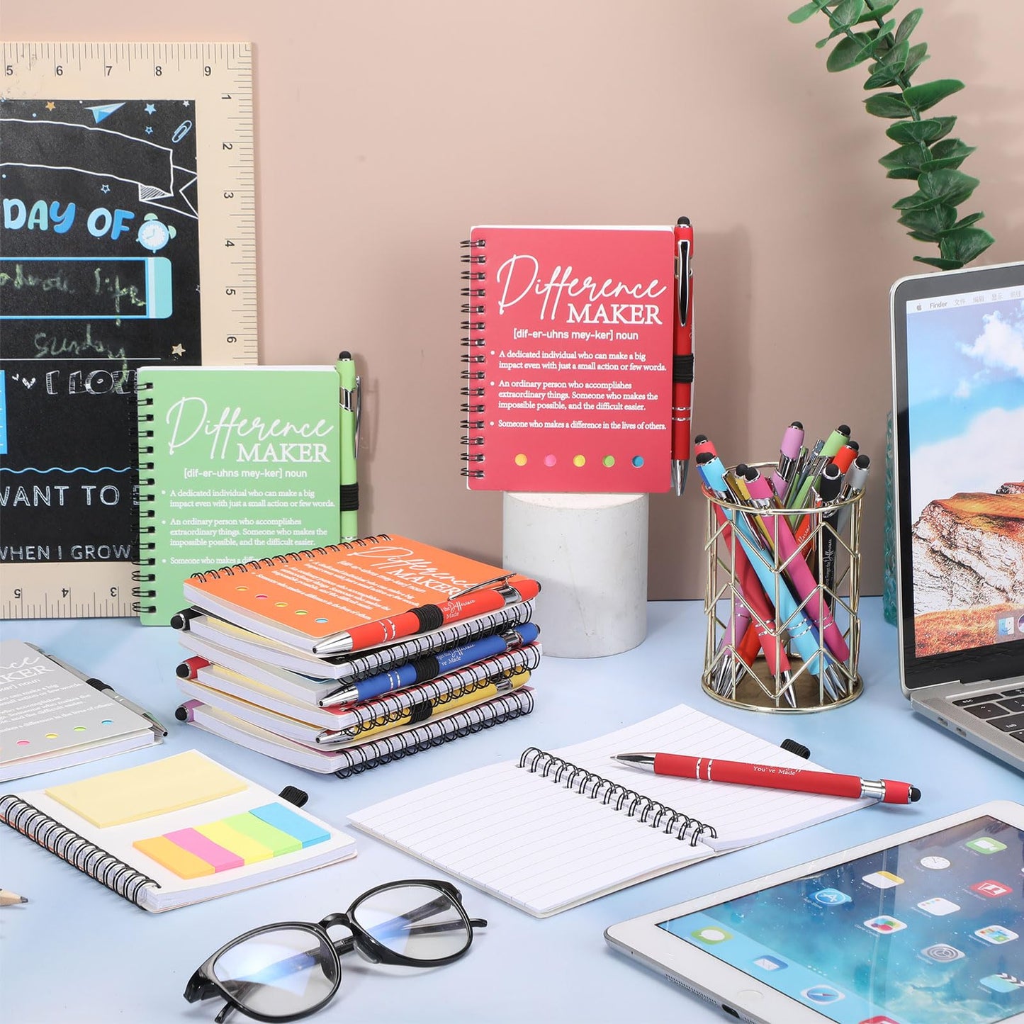 Skyygemm 20 Sets Difference Maker Gifts Bulk Employee Appreciation Gifts Spiral Notebook Journal with Sticky Notepad Index Tabs Thank You Gifts with Ballpoint Pens for Coworker Teacher (Multicolor)