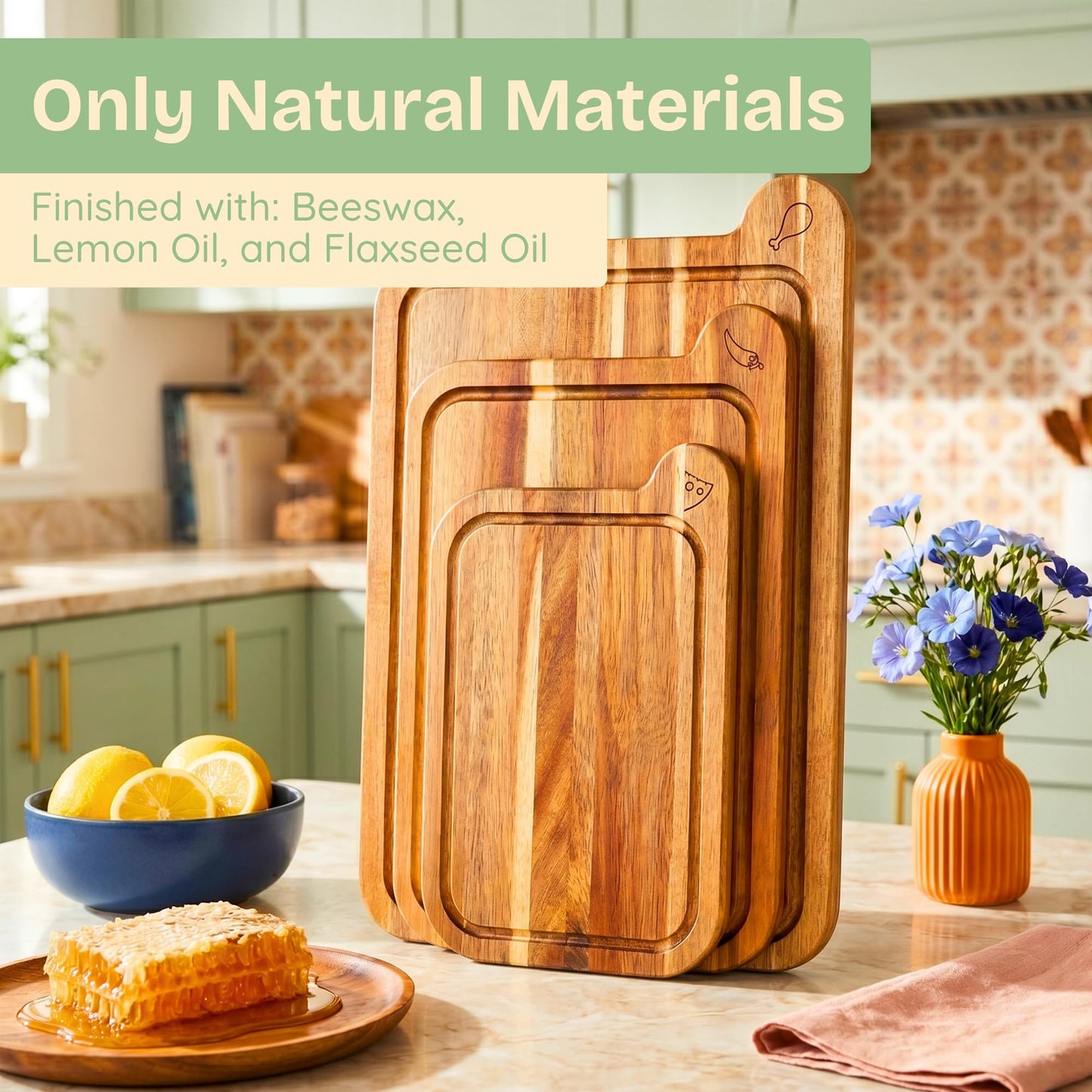 Non Toxic Cutting Boards - Cutting Board Set Free of Mineral Oil, Made of FSC Acacia Wood - Cutting Boards for Kitchen - Includes 3 Chopping Boards. By Ziruma