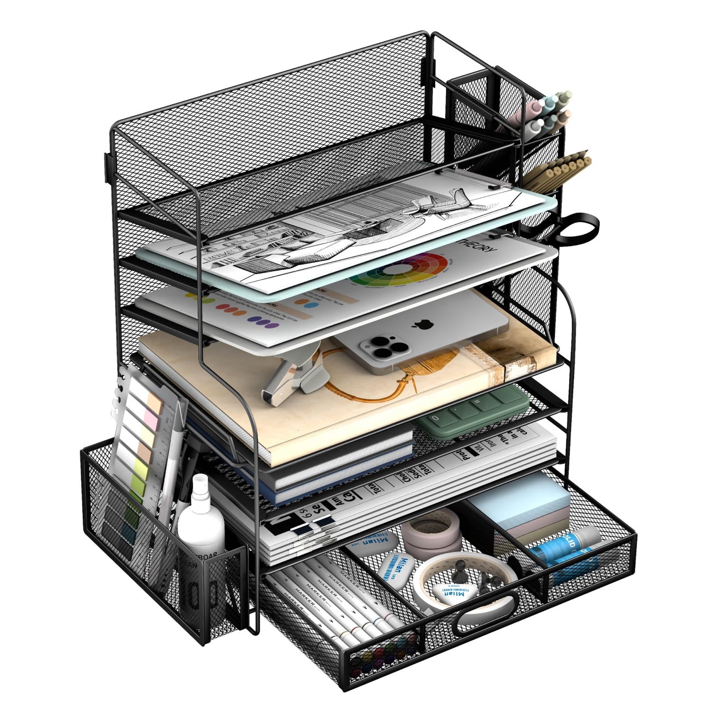 JIIAUSS 7 Tier Desk File Organizer Office storage Desk Accessories, Desktop Organizer for Office Supplies with Drawer and 2 Pen Holders (Black)