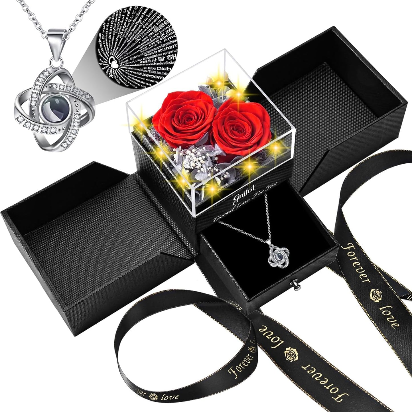 Gnifot Preserved Red Real Rose with I Love You in 100 Languages Necklace,Eternal Flowers Gifts for Women Wife Girlfriend Mom Grandma on Birthday Anniversary Valentines Mothers Day Christmas,Red Rose