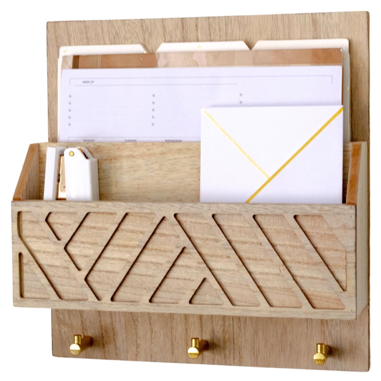 BLU MONACO Wall-Mounted Mail and Key Holder – Natural Wood 2-Tier Letter Organizer with 3 Hooks | Entryway Command Center for Mail, Keys, and Documents