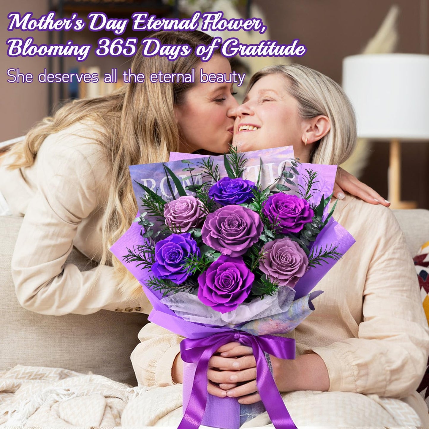 Flowers for Delivery Prime 7 Roses, Mothers Day Flowers for Mom, Mothers Day Gifts, Forever Preserved Purple Flower Bouquet Eternas Rose Birthday Gifts for Women Gf Gifts Wedding Anniversary