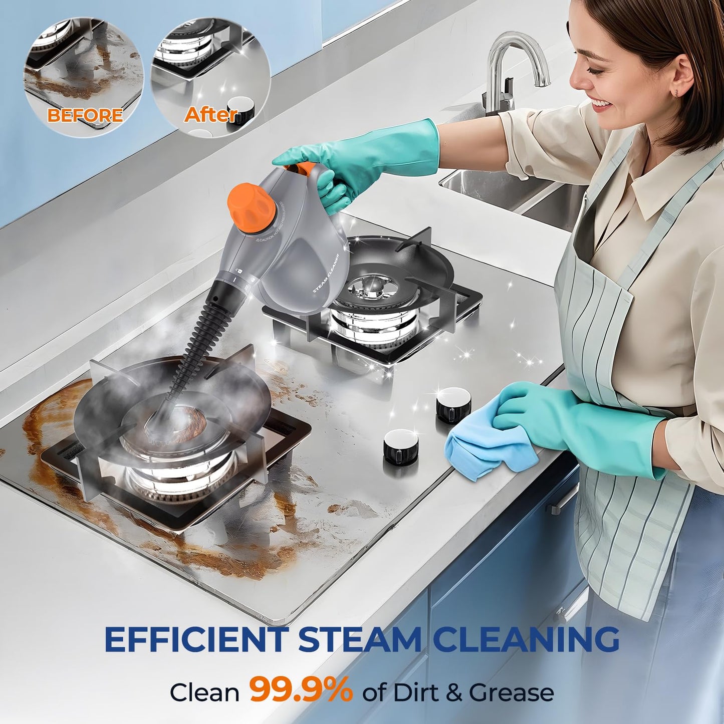 Steam Cleaner, Pressurized Handheld 13pcs Multi-Purpose Natural Deep Cleaning Steamer, Portable Steamer for Cleaning Home, Grout, Kitchen, Car, Window, Upholstery, Bathroom and Clothes, Gray