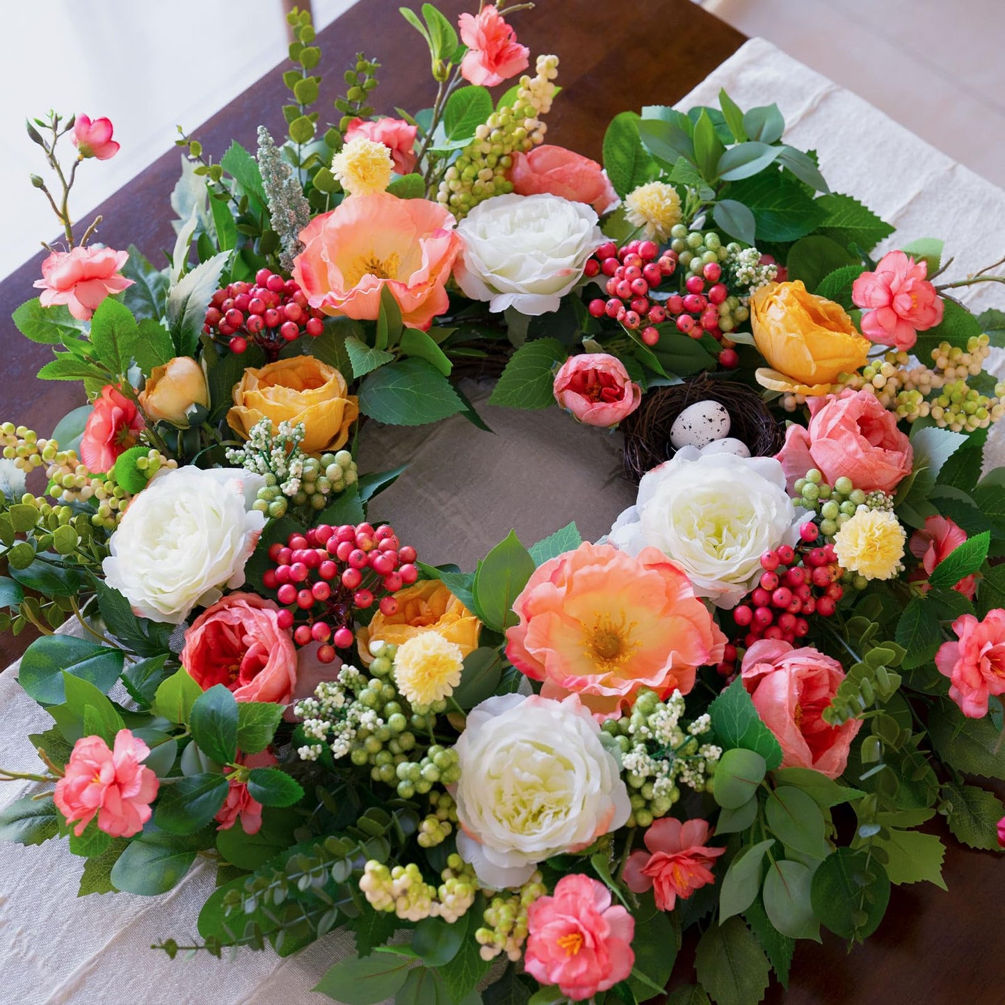 CHvista 24 Inch Spring Wreaths for Front Door Outside,Handcrafted Spring Door Wreath with Roses,Eucalyptus Greener y& Bird Nest Eggs,Luxury Summer Wreaths for Front Door for Porch Home Wall Window