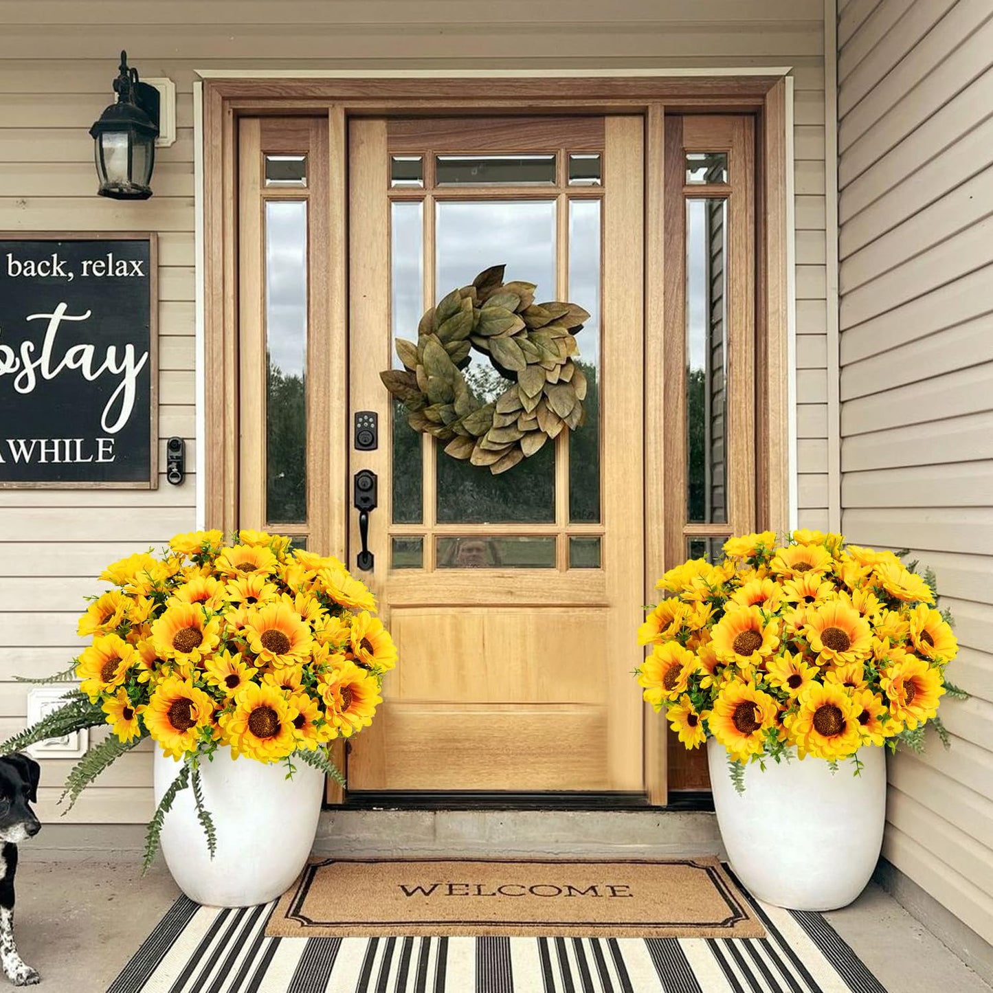 FOUSUKA Artificial Sunflowers for Outdoors, 10 Bundles Fake Silk Sunflowers with Eucalyptus Leaves UV Resistant for Home Outside Front Door Porch Planters Garden Balcony Yard Patio Wedding Party Decor