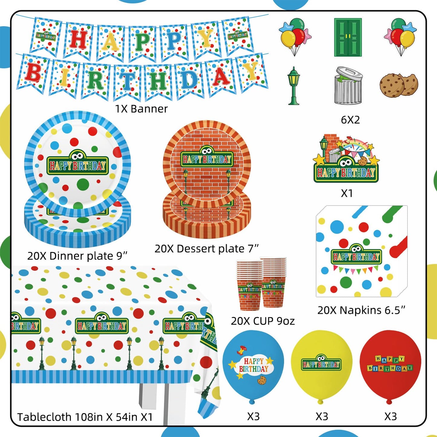 104pcs Birthday Party Decorations Cute Theme Tableware Set Include 9 Inches Plates, 7 Inches Plates, Happy Birthday Banner, Ballons, Napkins, Cups, Tablecloth, Cake Toppers and Cupcake Toppers