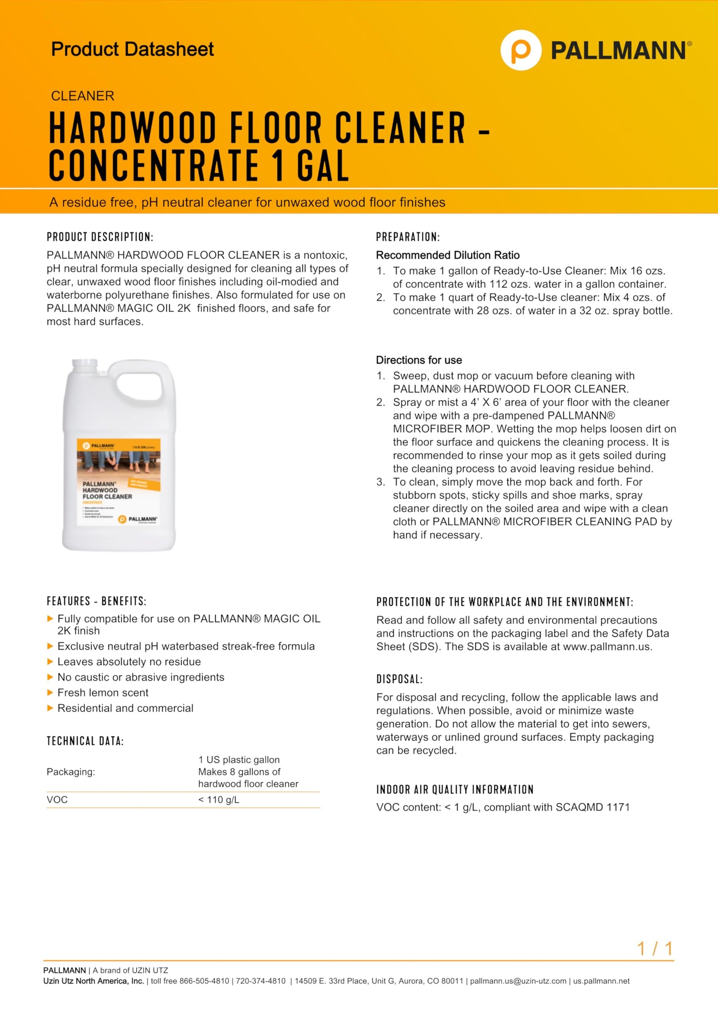 Pallmann Hardwood Floor Cleaner Concentrate 1 Gallon - Makes 8 Gallons of Cleaner - Water-based Streak-free Formula