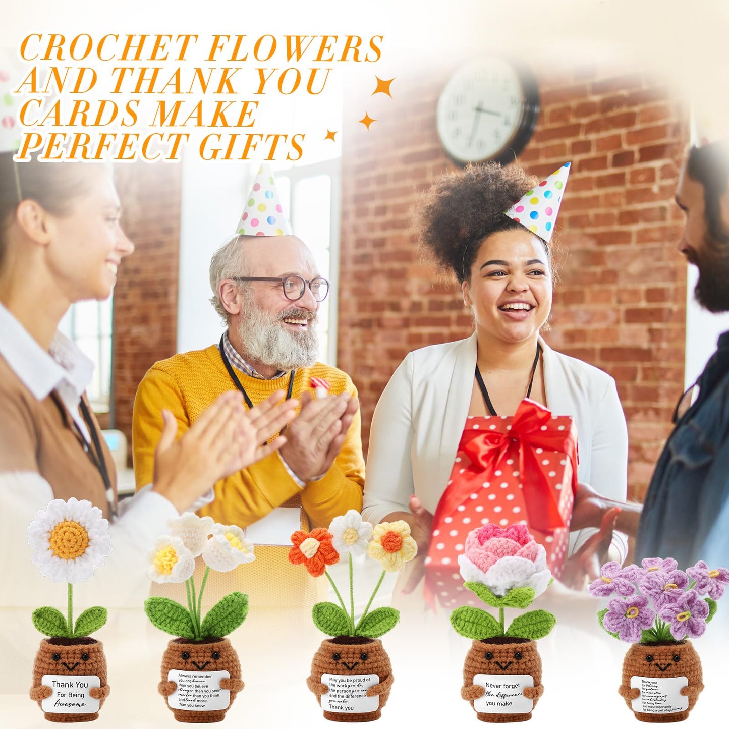 Geelin 6 Sets Positive Teacher Appreciation Gift Mini Crochet Flower Potted Doll with Card Emotional Rose Daisy Crochet Support Thank You Flowers Positive Gift for Women Coworker Teacher Mother's Day