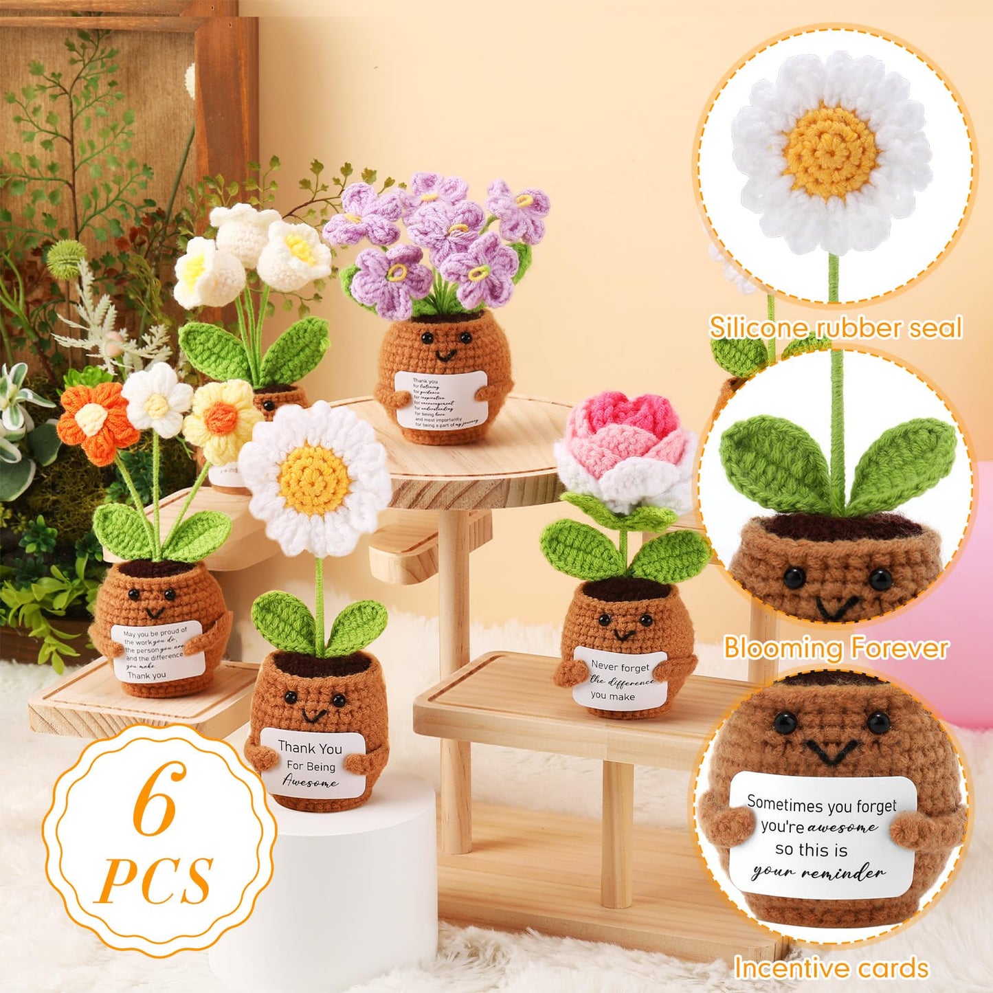 Geelin 6 Sets Positive Teacher Appreciation Gift Mini Crochet Flower Potted Doll with Card Emotional Rose Daisy Crochet Support Thank You Flowers Positive Gift for Women Coworker Teacher Mother's Day
