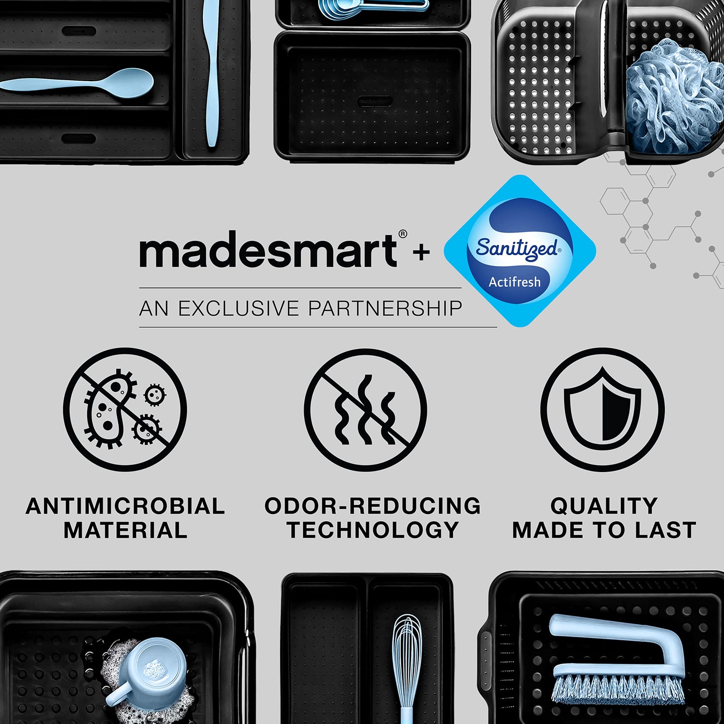 madesmart Premium 2 Compartment Utensil Tray, Deep Storage for Ladles, Whisks & Serving Tools, Non Slip Lining, for Drawers & Home Organization, White