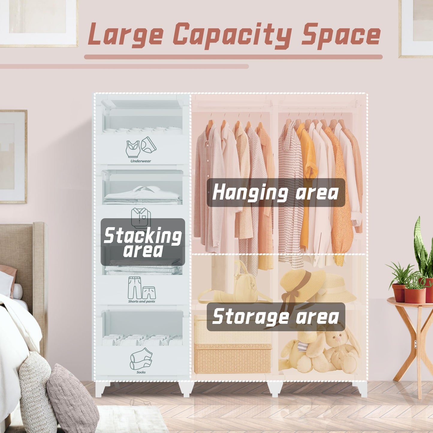 Jofuler Portable Closet, Easy Assembly, Large Capacity Wardrobe Closet, Sturdy and Stable Clothes Rack with Shelves 4 Storage Baskets and 2 Hanging Rods, for Bedroom and Cloakroom White