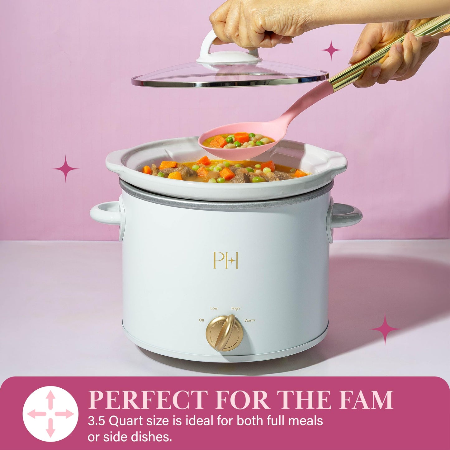 Paris Hilton 3.5-Quart Manual Slow Cooker, Naturally Nonstick Stoneware Ceramic Insert, Three Settings (Low, High, Warm), Dishwasher Safe Family Size Slow Cooker, White