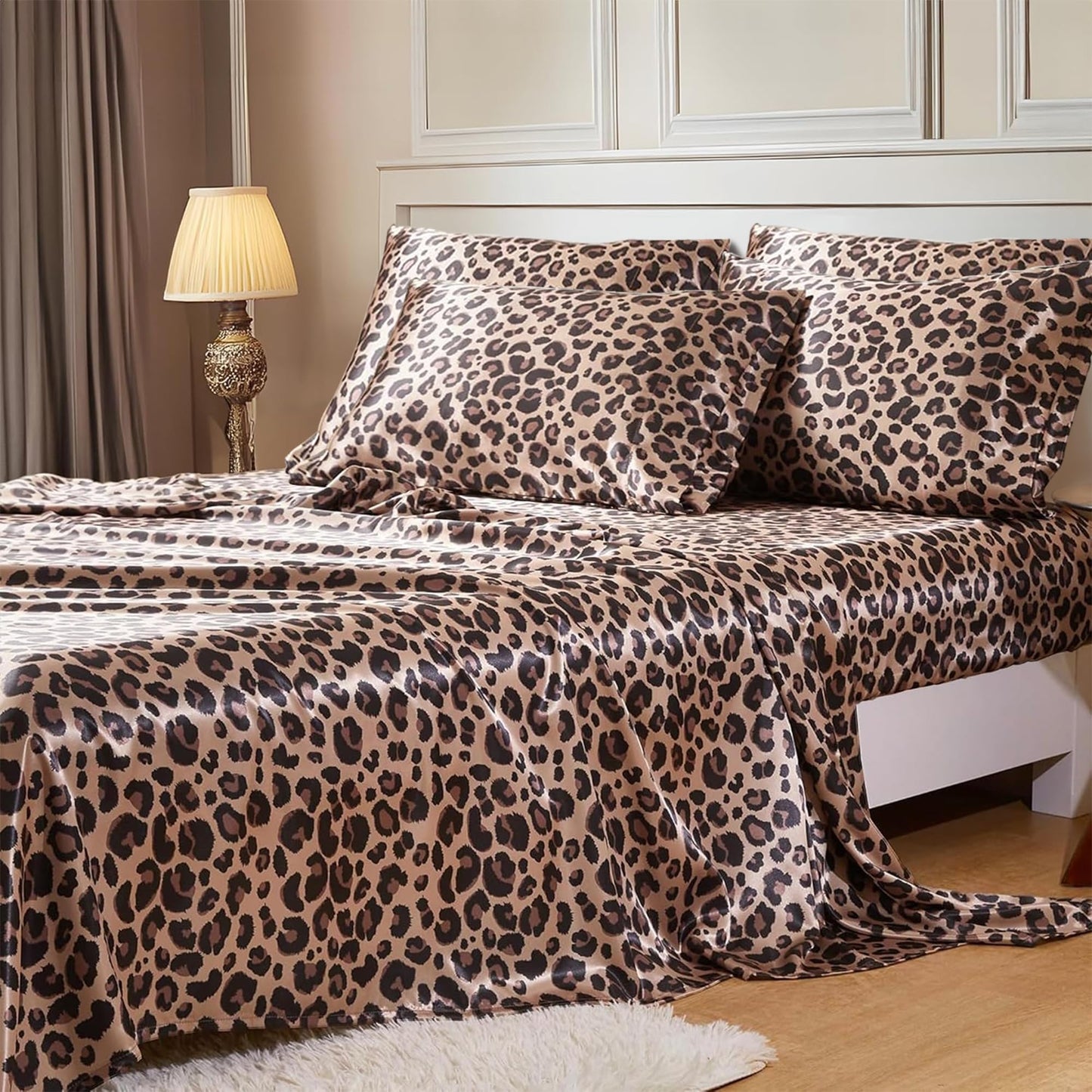 MR&HM Satin Bed Sheets with Elastic Corner Straps, King Size Sheets Set, 6 Pcs Silky Bedding Set with 15 Inches Deep Pocket for Mattress (King, Brown Leopard)