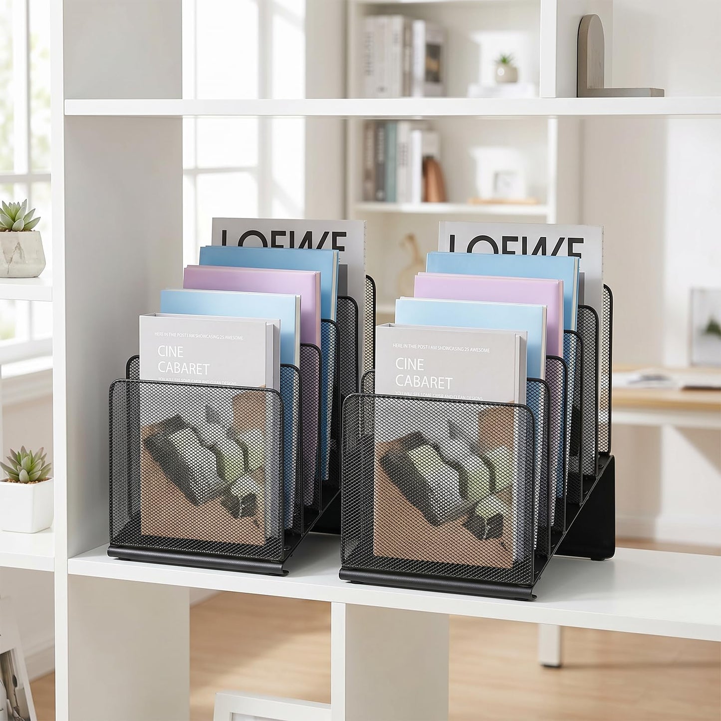 LEKETREE File Organizer for Desk, File Folder Organizer with 5-Section Vertical Rack, Suitable for Home Office Document Organization and Storage(Black 2-Pack)