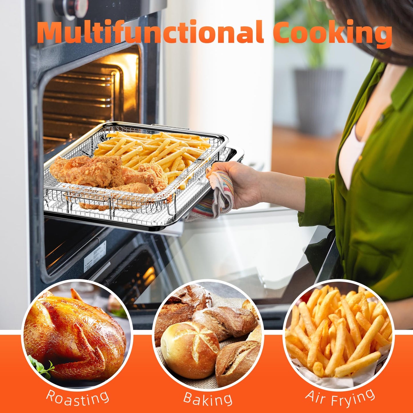 Air Fryer Basket for Oven, 2 Set Oven Air Fryer Basket and Tray with Cooking Guide&60 PCS Parchment Papers,DEGOVIN Crisper Tray Non-stick Stainless Steel Air Fry Pans for Convection Oven(Large+Medium)