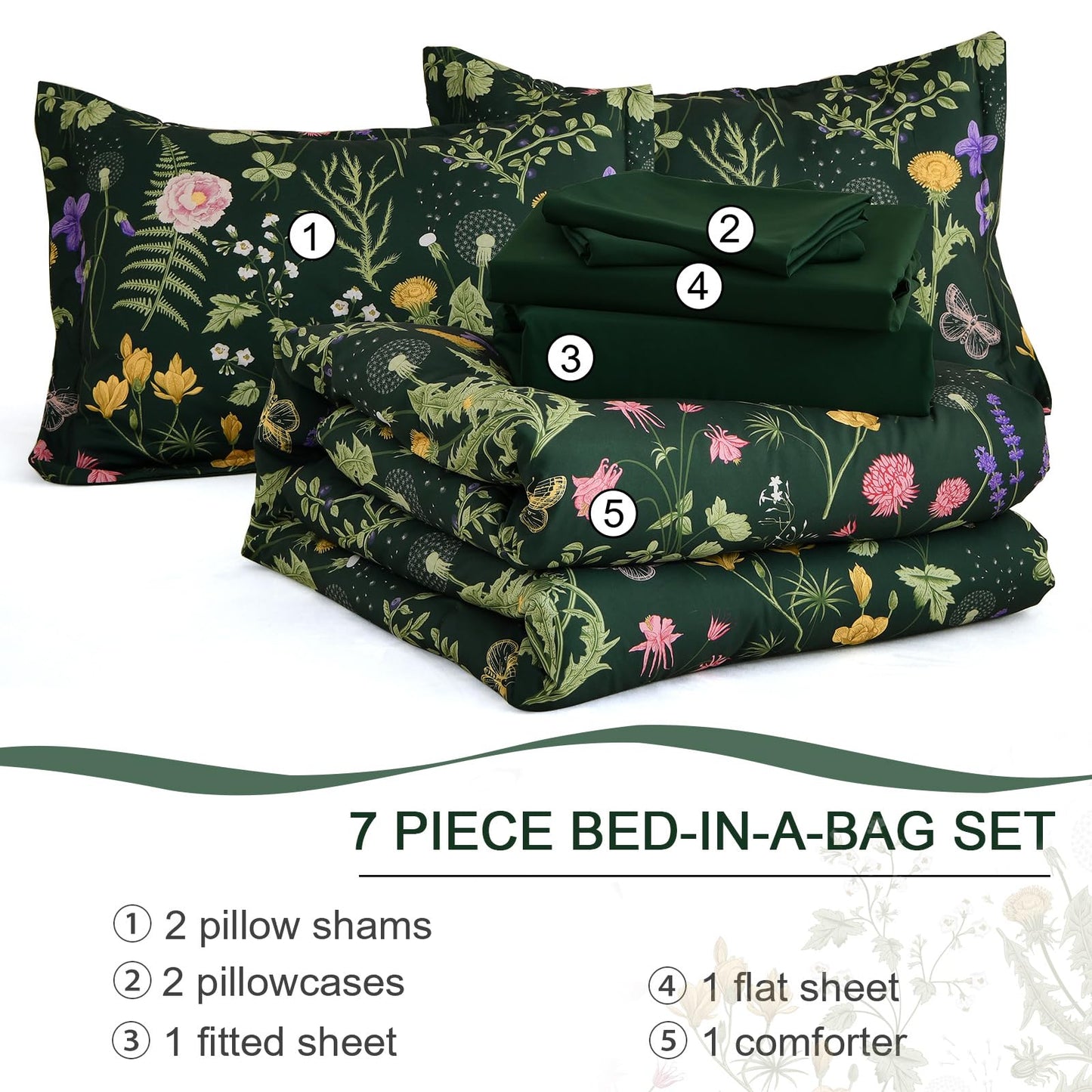 Yiran King Size Comforter Set 7 Piece, Dark Green Floral Bedding Set, Bed in a Bag King with Botanical Flowers Pattern, Soft Microfiber Complete Bedding Set with Sheets for All Season